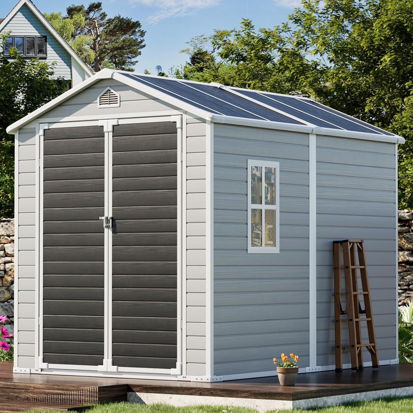 8x6x7 FT Resin Storage Shed, Waterproof Outdoor Storage Shed w/Floor, 2 Windows, Double Lockable Doors & Vents, Tool Shed for Patio Garden, Lawn, Backyard, Dove Grey