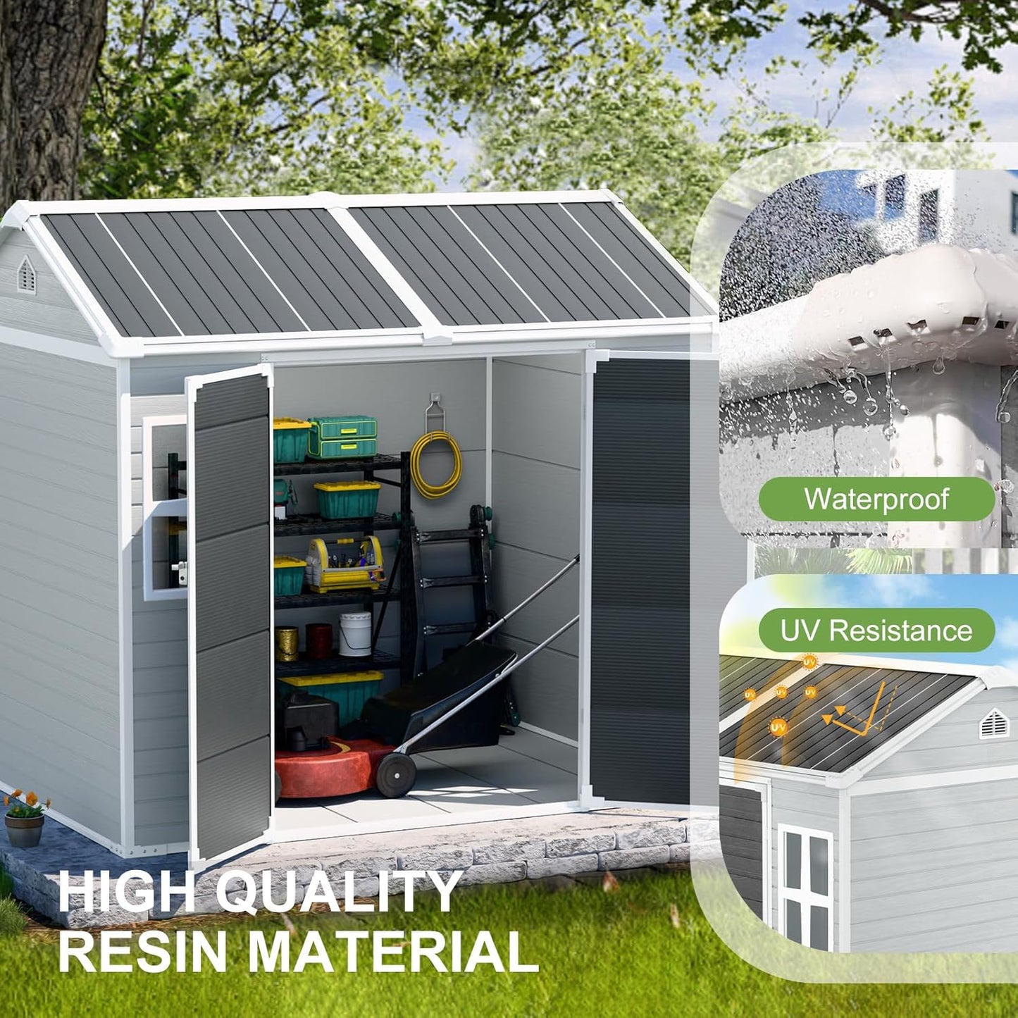 8x6x7 FT Resin Storage Shed, Waterproof Outdoor Storage Shed w/Floor, 2 Windows, Double Lockable Doors & Vents, Tool Shed for Patio Garden, Lawn, Backyard, Dove Grey