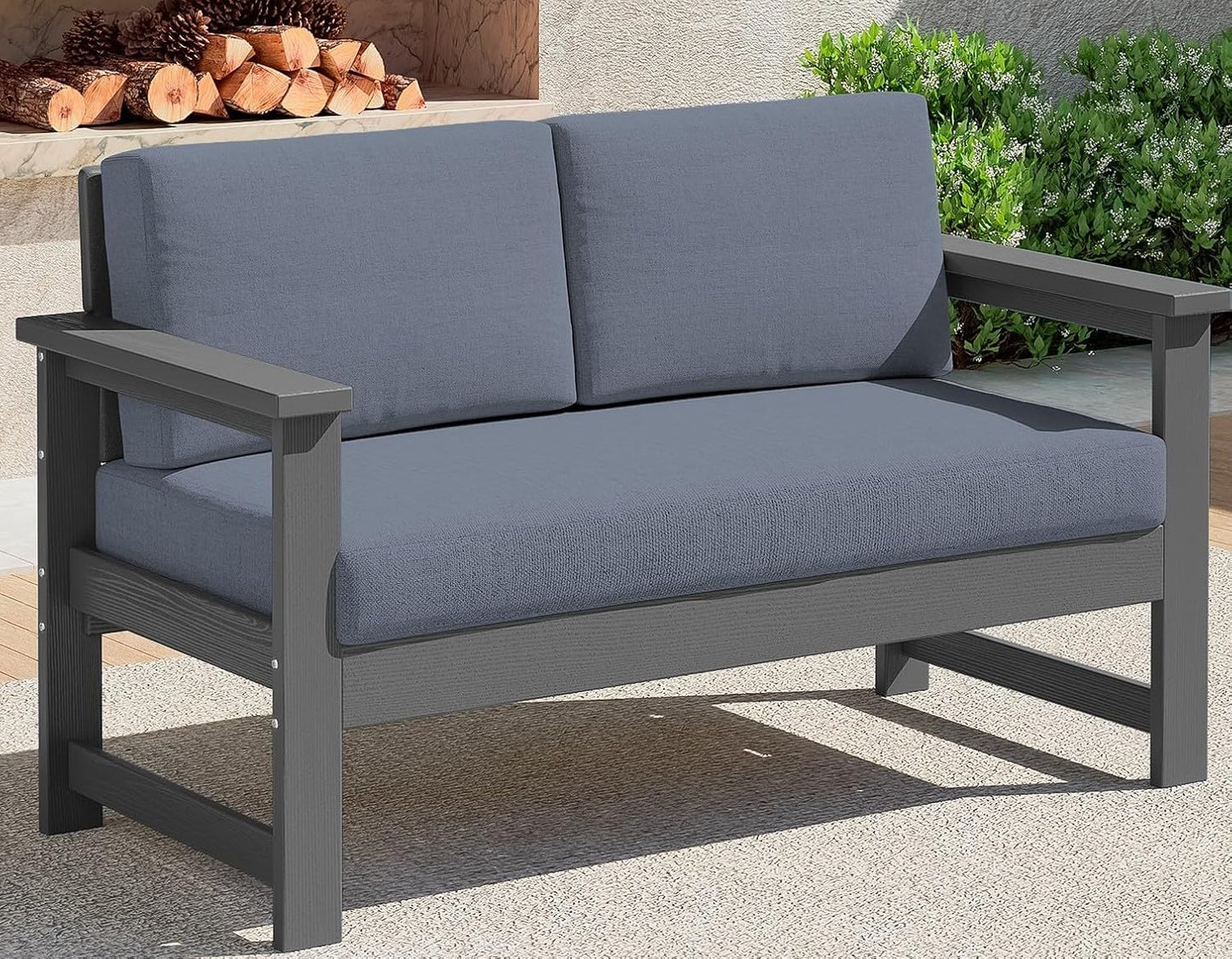 SERWALL 8 Pieces HDPE Outdoor Conversation Sofa Set with Cushions, All Weather Use Patio Couch Loveseat Furniture with Side Table for Balcony, Deck, Poolside, Black Frame with Khaki Cushions