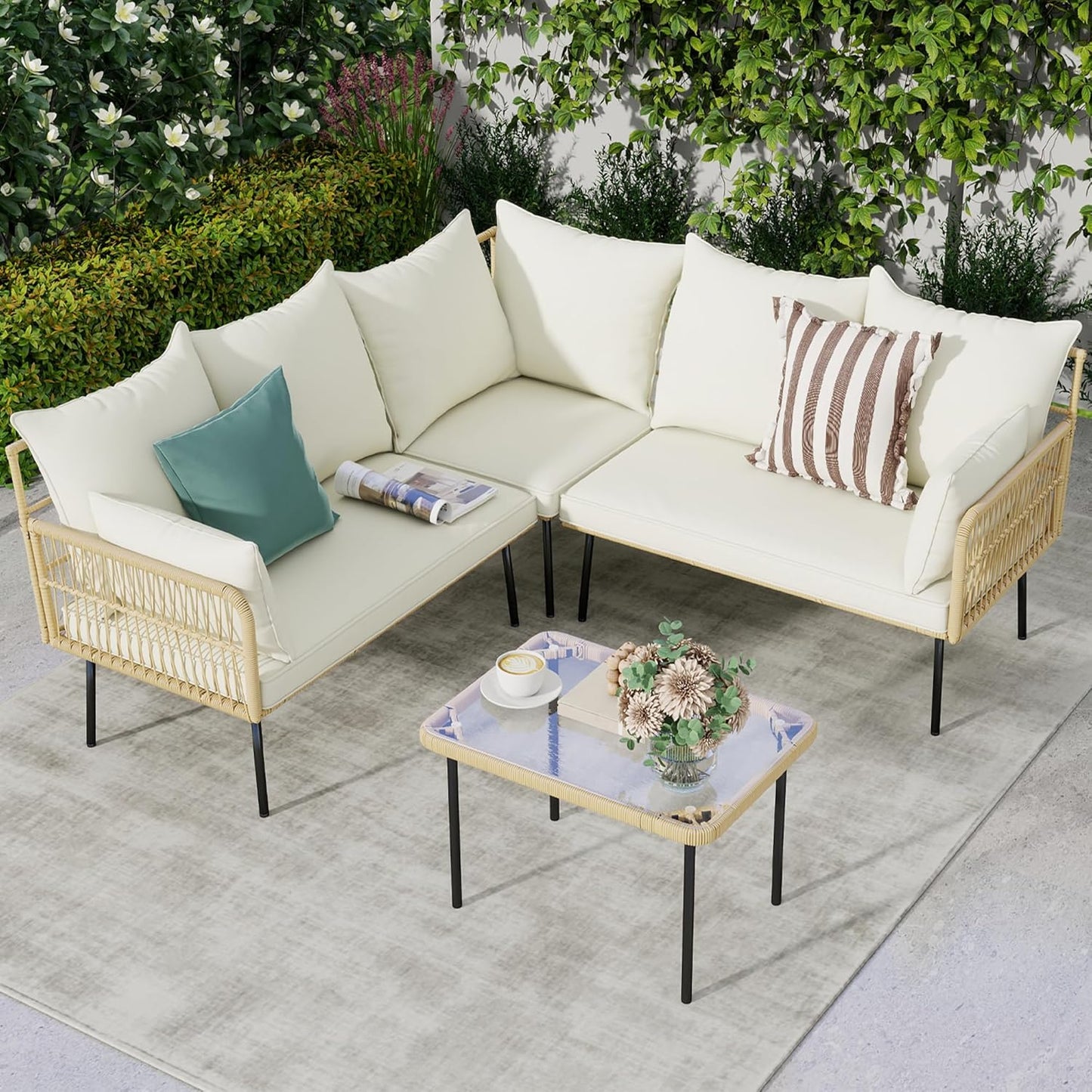LYNSLIM Patio Furniture Set, Outdoor All-Weather Rattan Patio Sectional Couch Set, Boho Outdoor Sofa Set with Water Resistant Thick Cushions of Garden, Backyard (4 Piece Large Patio Furniture Set)