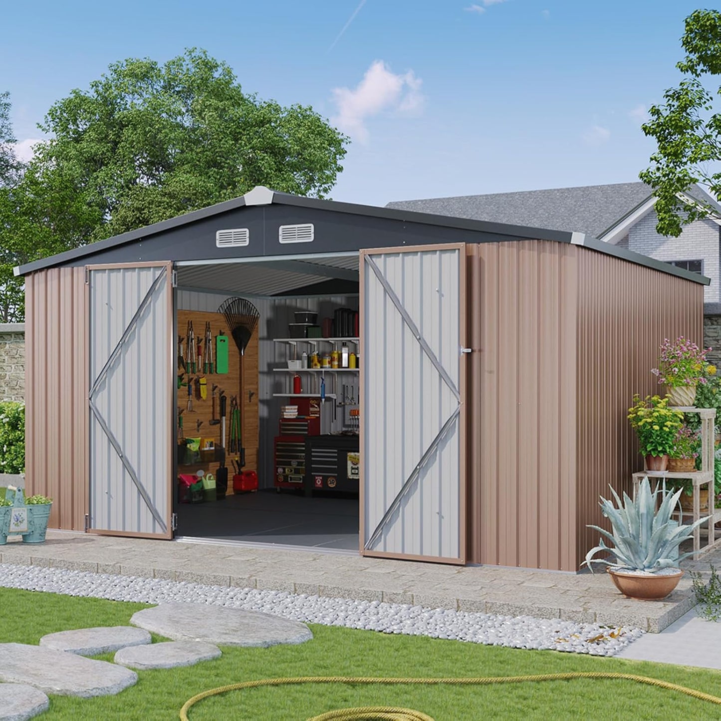 Aoxun 10 x 12FT Outdoor Storage Shed with Double Hinged Large Door Utility Garden Shed with Lockable Door & Sloped Roof Metal Sheds Outdoor Storage for Garden, Backyard, Patio and Backyard, Brown