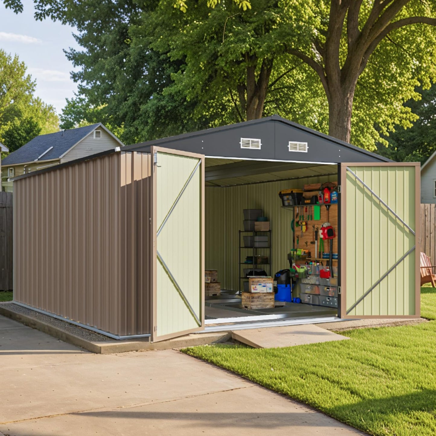 Patiowell 5x3 FT Outdoor Storage Shed, Tool Shed with Sloping Roof and Lockable Door, Metal Shed for Backyard Garden Patio Lawn, Brown