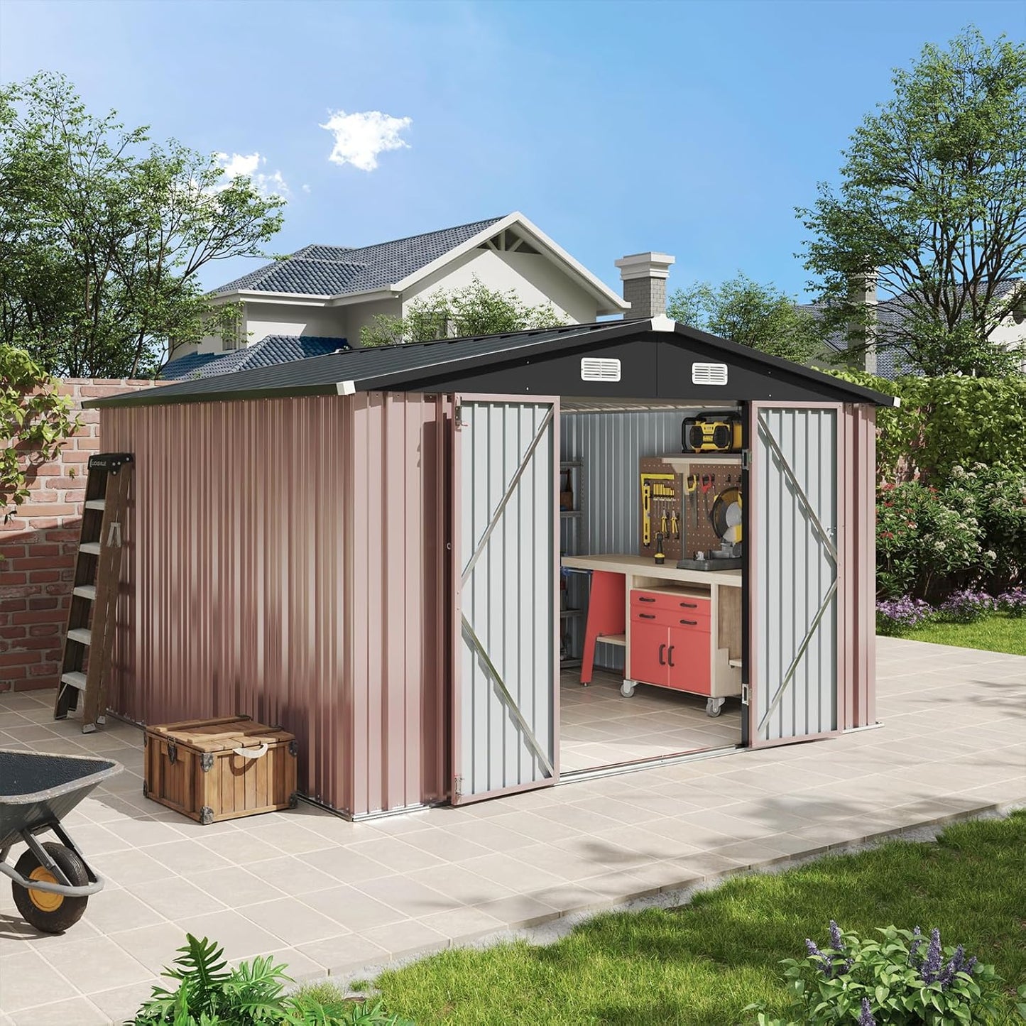 Aoxun 6.2x4 FT Shed Outdoor Storage Shed with Lockable Doors & Slooping Roof Metal Garden Tool Shed for Backyard, Patio, Poolside (Brown)