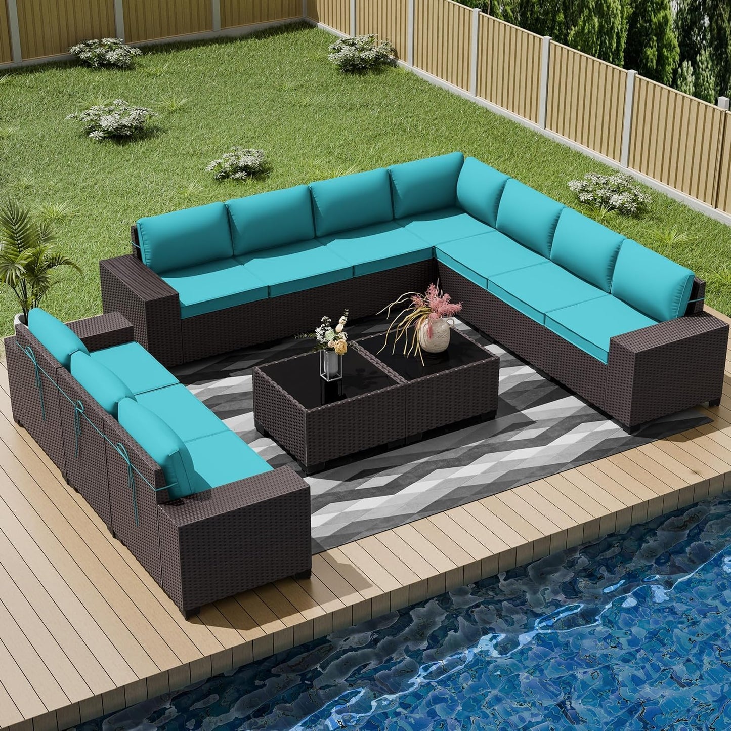 12 Pcs Outdoor Patio Furniture Set Outdoor Furniture All Weather Patio Sectional Sofa PE Wicker Modular Conversation Sets with Coffee Table, Swivel Rocking Chair (Grey)