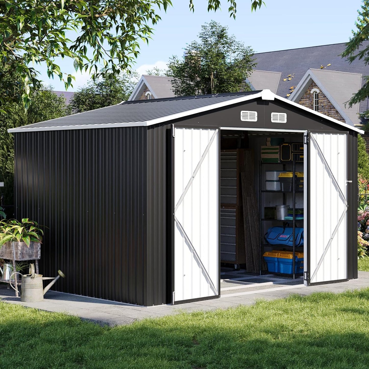 Aoxun 6.2x4 FT Shed Outdoor Storage Shed with Lockable Doors & Slooping Roof Metal Garden Tool Shed for Backyard, Patio, Poolside (Brown)