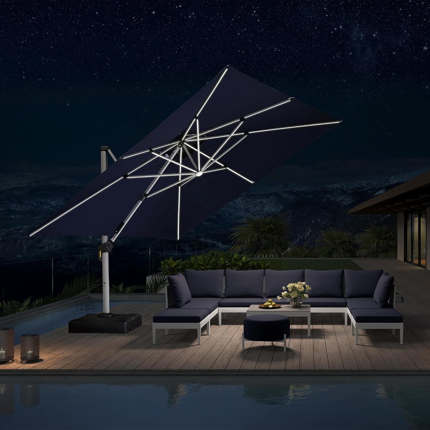 PURPLE LEAF 9' X 12' Solar Powered LED Patio Umbrella Cantilever Umbrellas Offset Double Top Hanging Outdoor Umbrella Market Umbrellas for Garden, Heather Taupe