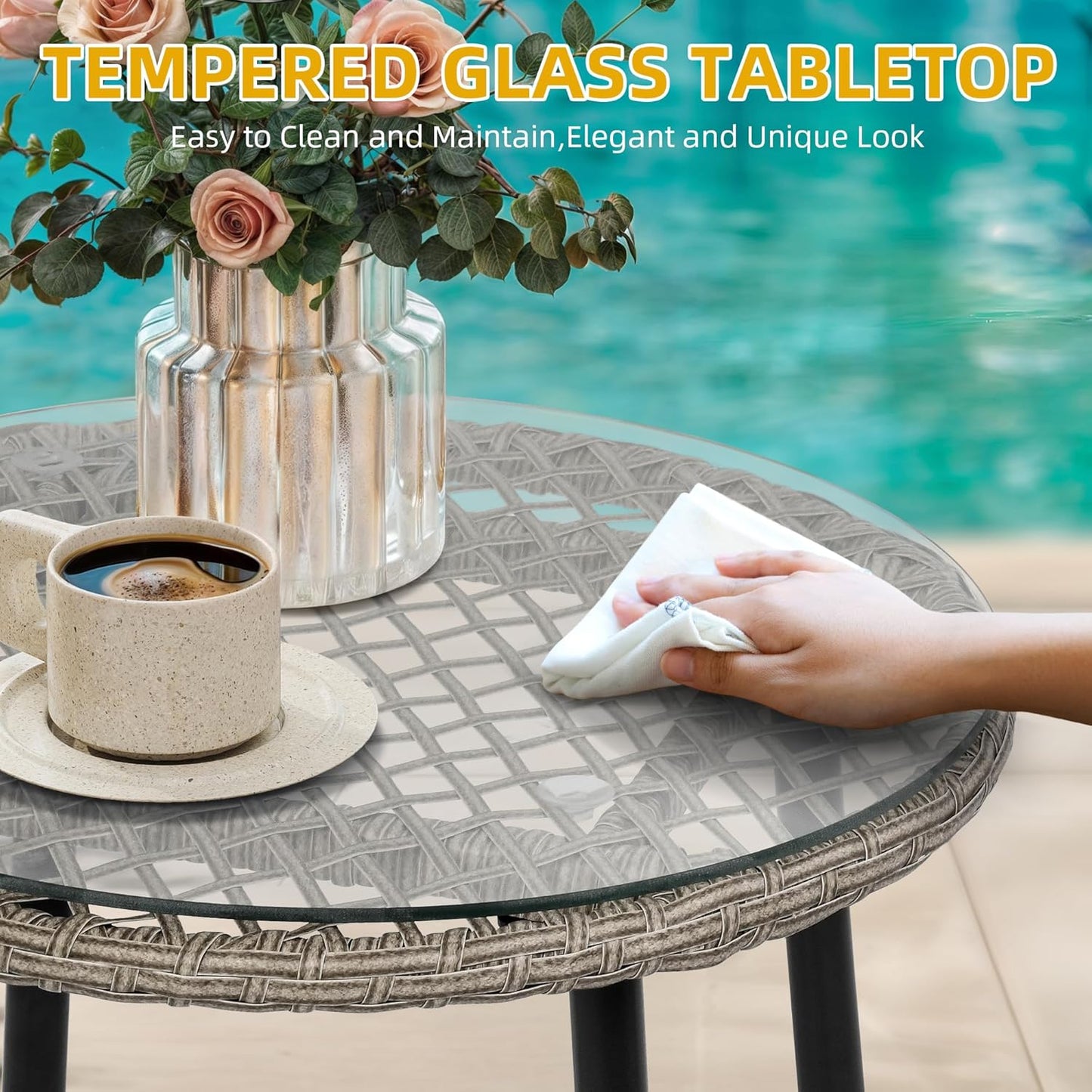 DWVO Bistro Table and Chairs Set of 2, Outdoor Patio Furniture Set with Cushion Chairs and Glass Table, Front Porch Furniture for Backyard, Deck, and Balcony, Gray