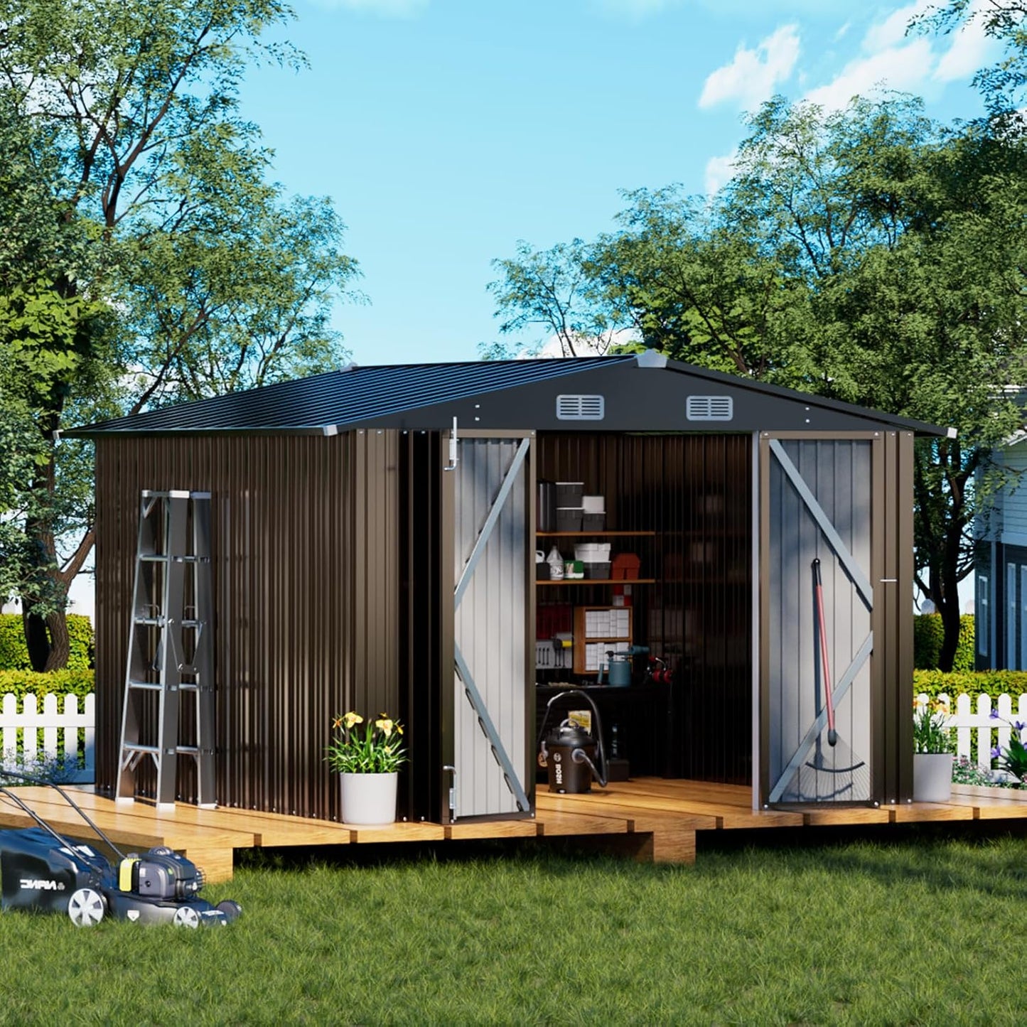 COMHOMA Shed Outdoor Storage Shed Metal,Lockable Doors Tool Sheds with Sloping Roof,Steel Garden Shed with Air Vent for Backyard,Patio,Lawn,Poolside (Grey, 5x3)