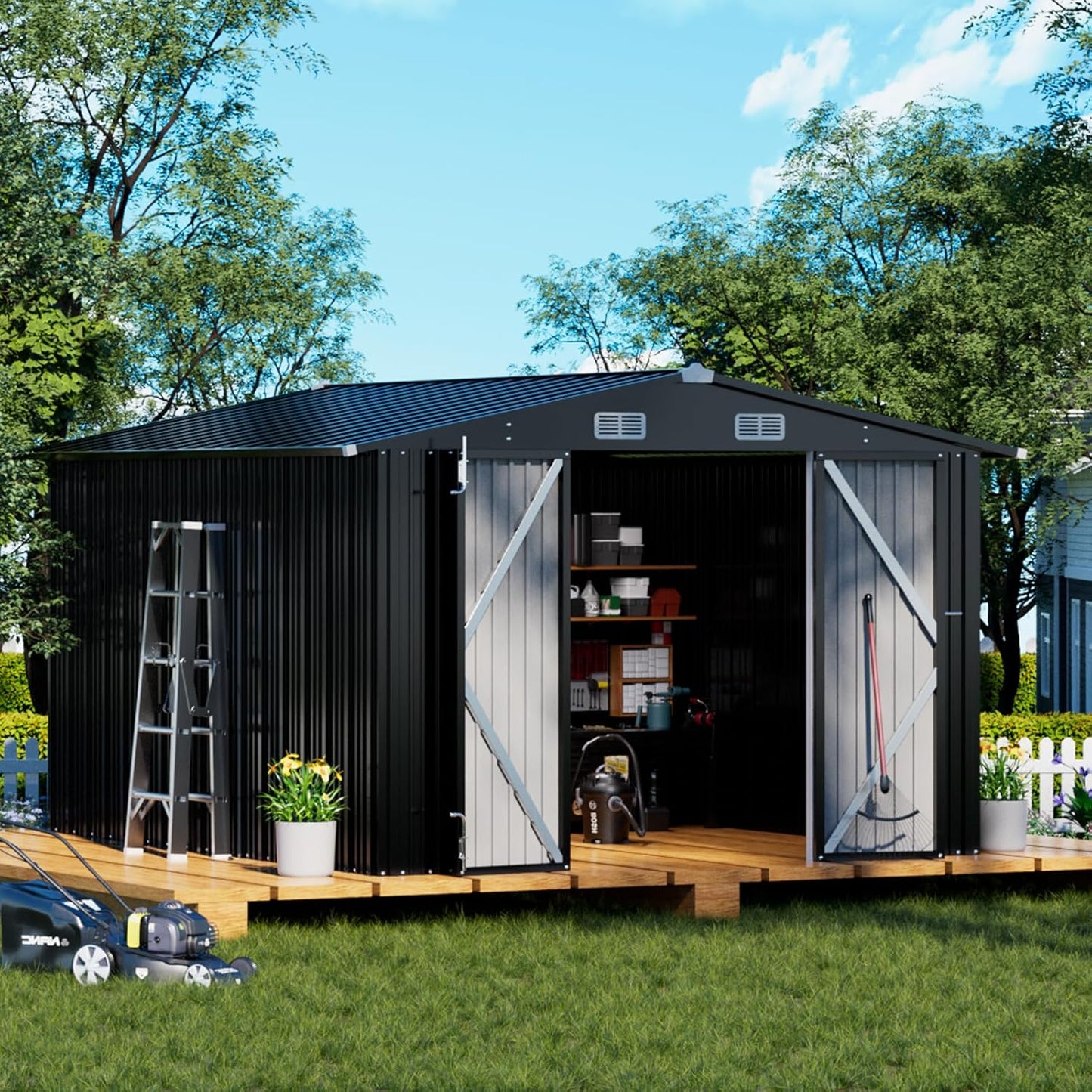 COMHOMA Shed Outdoor Storage Shed Metal,Lockable Doors Tool Sheds with Sloping Roof,Steel Garden Shed with Air Vent for Backyard,Patio,Lawn,Poolside (Grey, 5x3)