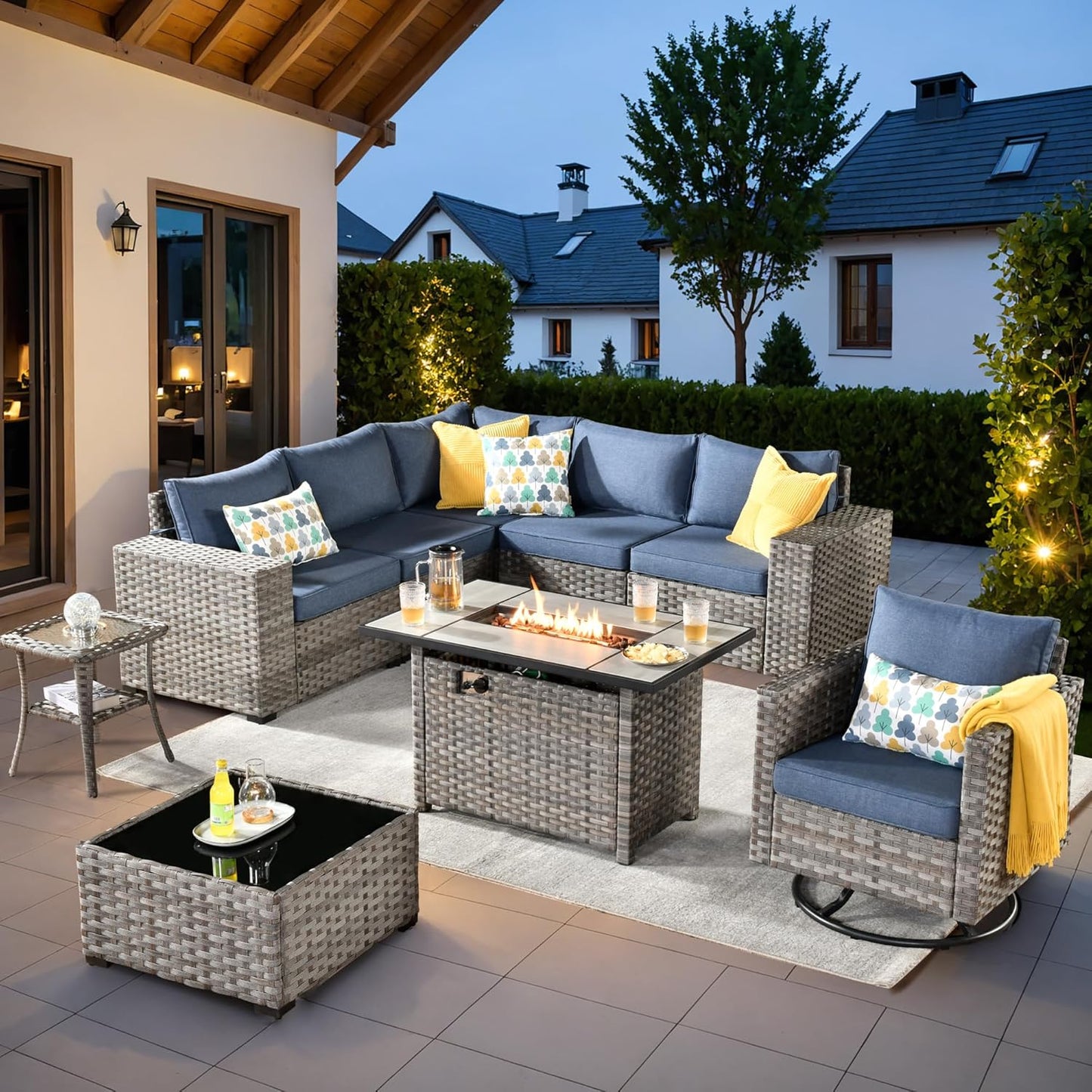 ovios 16 Pieces Patio Furniture Set, Outdoor Wicker Sectional Sofa with 54" Fire Pit Table Swivel Chairs, Modern Modular Deep Seat Rattan Couch Conversation Sets, Beige