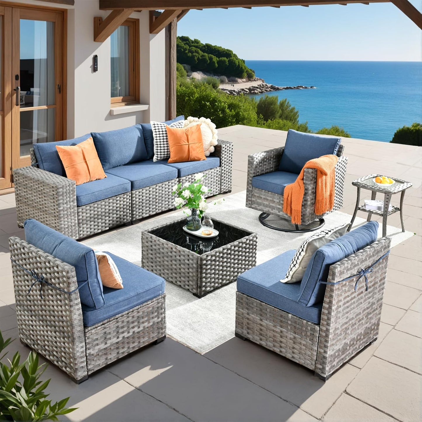 ovios 16 Pieces Patio Furniture Set, Outdoor Wicker Sectional Sofa with 54" Fire Pit Table Swivel Chairs, Modern Modular Deep Seat Rattan Couch Conversation Sets, Beige
