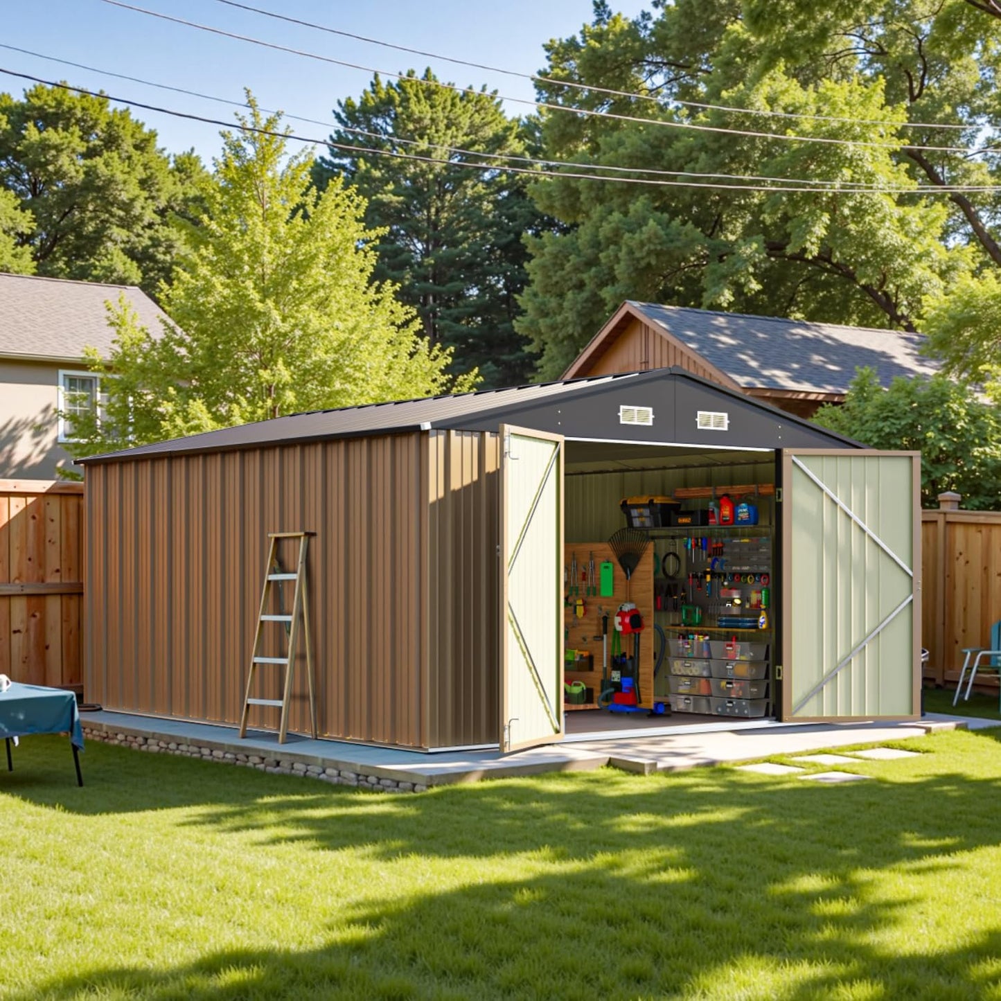 Patiowell 5x3 FT Outdoor Storage Shed, Tool Shed with Sloping Roof and Lockable Door, Metal Shed for Backyard Garden Patio Lawn, Brown