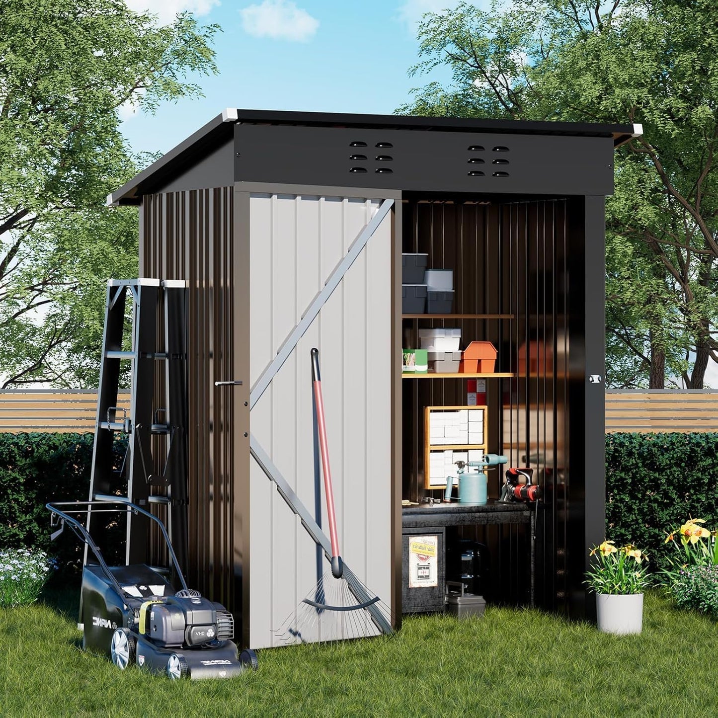 COMHOMA Shed Outdoor Storage Shed Metal,Lockable Doors Tool Sheds with Sloping Roof,Steel Garden Shed with Air Vent for Backyard,Patio,Lawn,Poolside (Grey, 5x3)