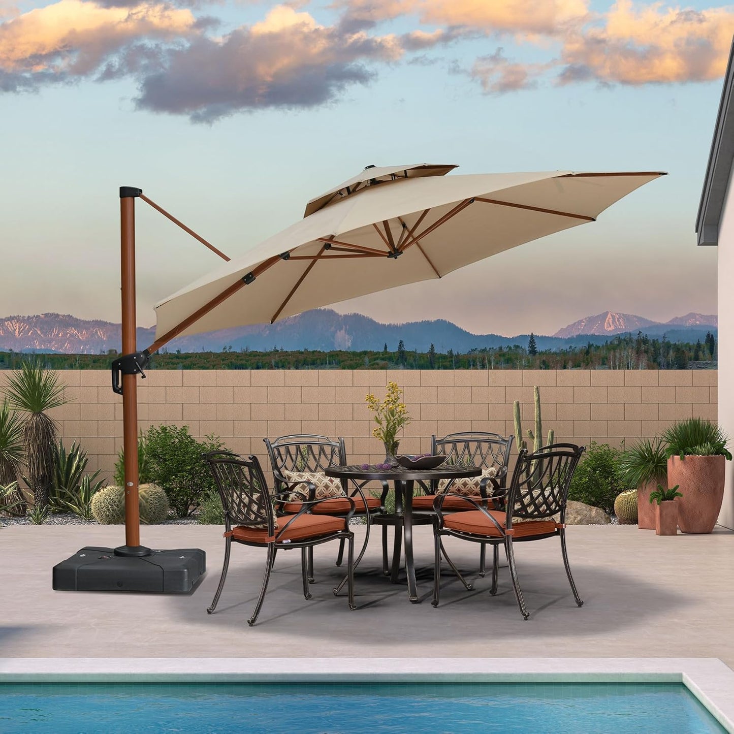PURPLE LEAF 11ft Patio Umbrella Cantilever Umbrellas Outdoor Round Wood Umbrella Offset Umbrellas Heavy Duty Sun for Garden Deck Pool, Deep Beige