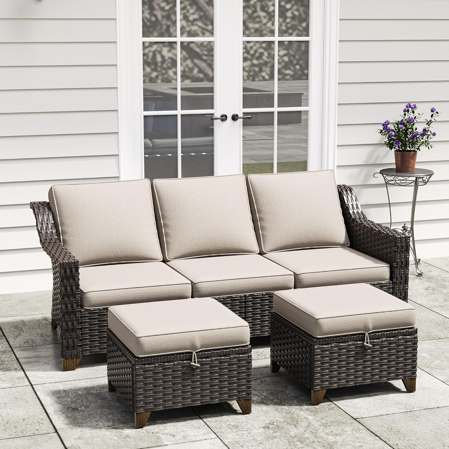77'' Patio Sofa, All Weather Outdoor Rattan Wicker 3-Seat Sofa High Back Couch with Premium Cushions for Garden Backyard Porch(Brown/Navy)