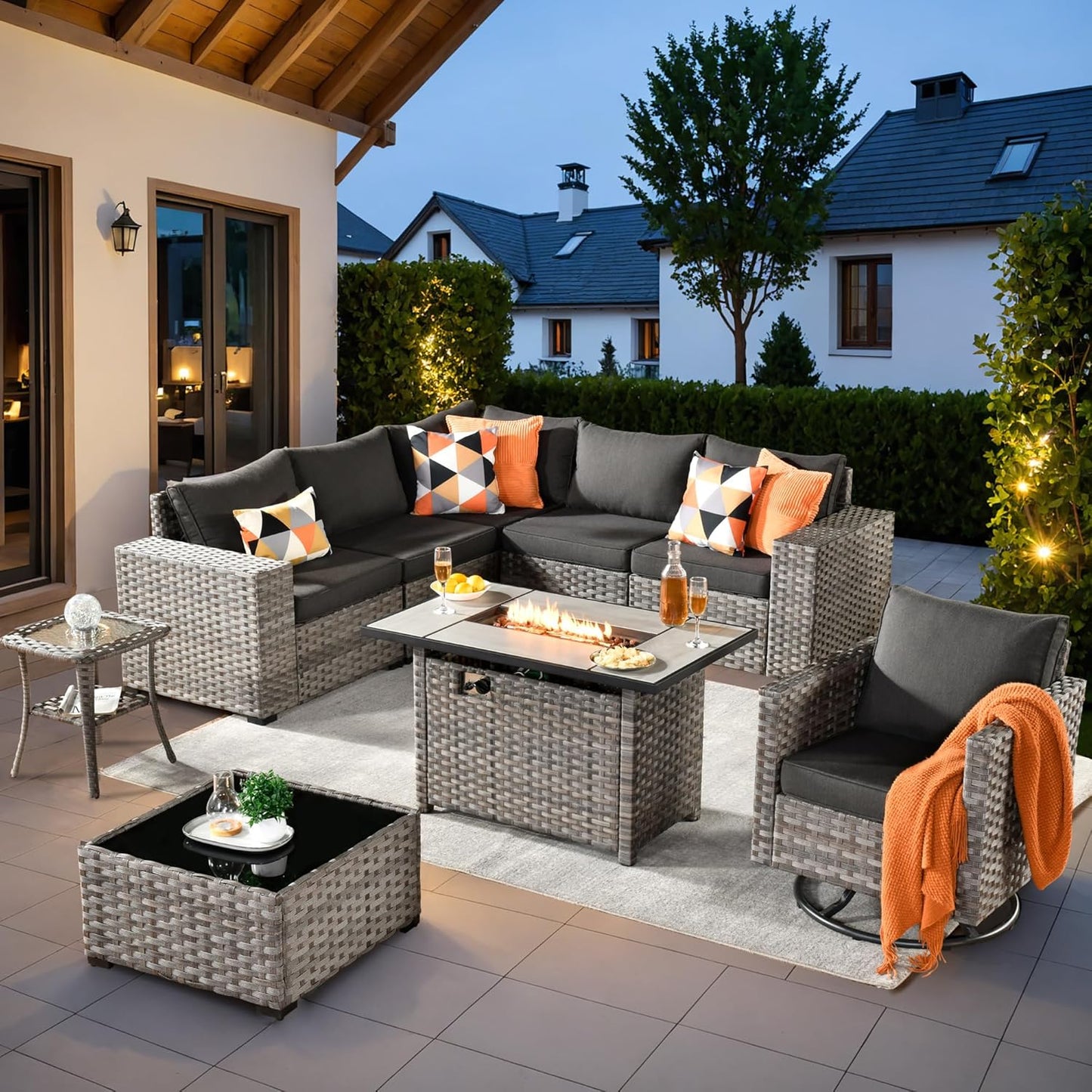 ovios 16 Pieces Patio Furniture Set, Outdoor Wicker Sectional Sofa with 54" Fire Pit Table Swivel Chairs, Modern Modular Deep Seat Rattan Couch Conversation Sets, Beige