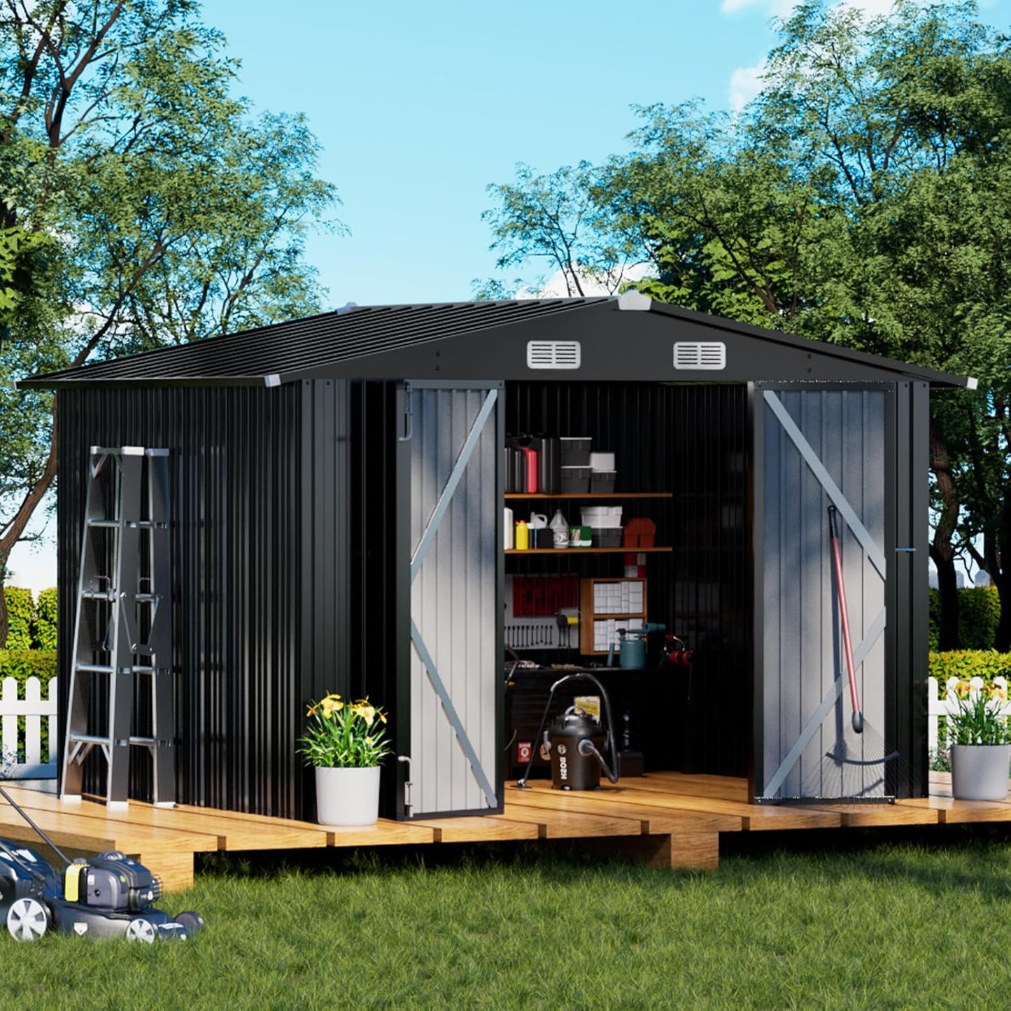 COMHOMA Shed Outdoor Storage Shed Metal,Lockable Doors Tool Sheds with Sloping Roof,Steel Garden Shed with Air Vent for Backyard,Patio,Lawn,Poolside (Grey, 5x3)