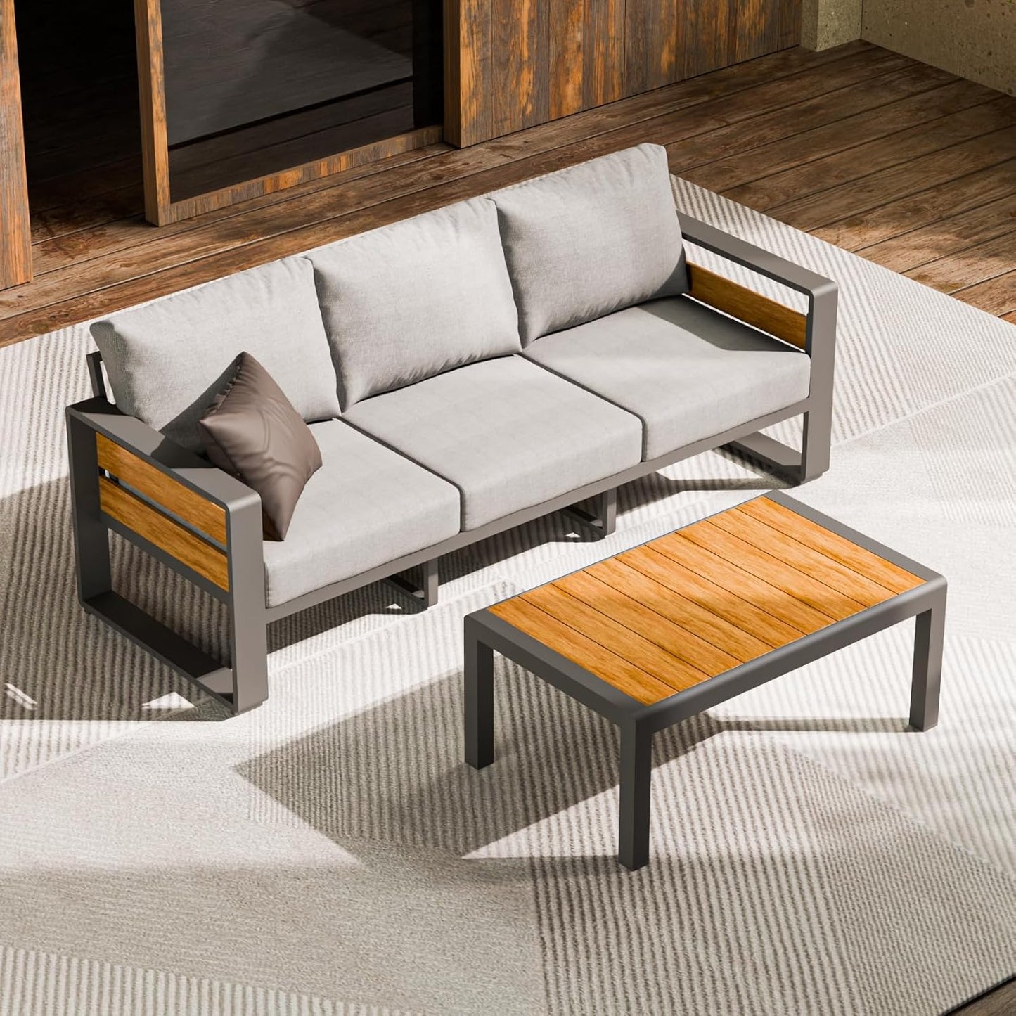 ZANDOR Outdoor Aluminum Patio Furniture - 1 Pcs 3-Seat, All-Weather Metal Modern Outside Sofa with Washable Thick Cushion for Garden/Backyard/Porch, Grey