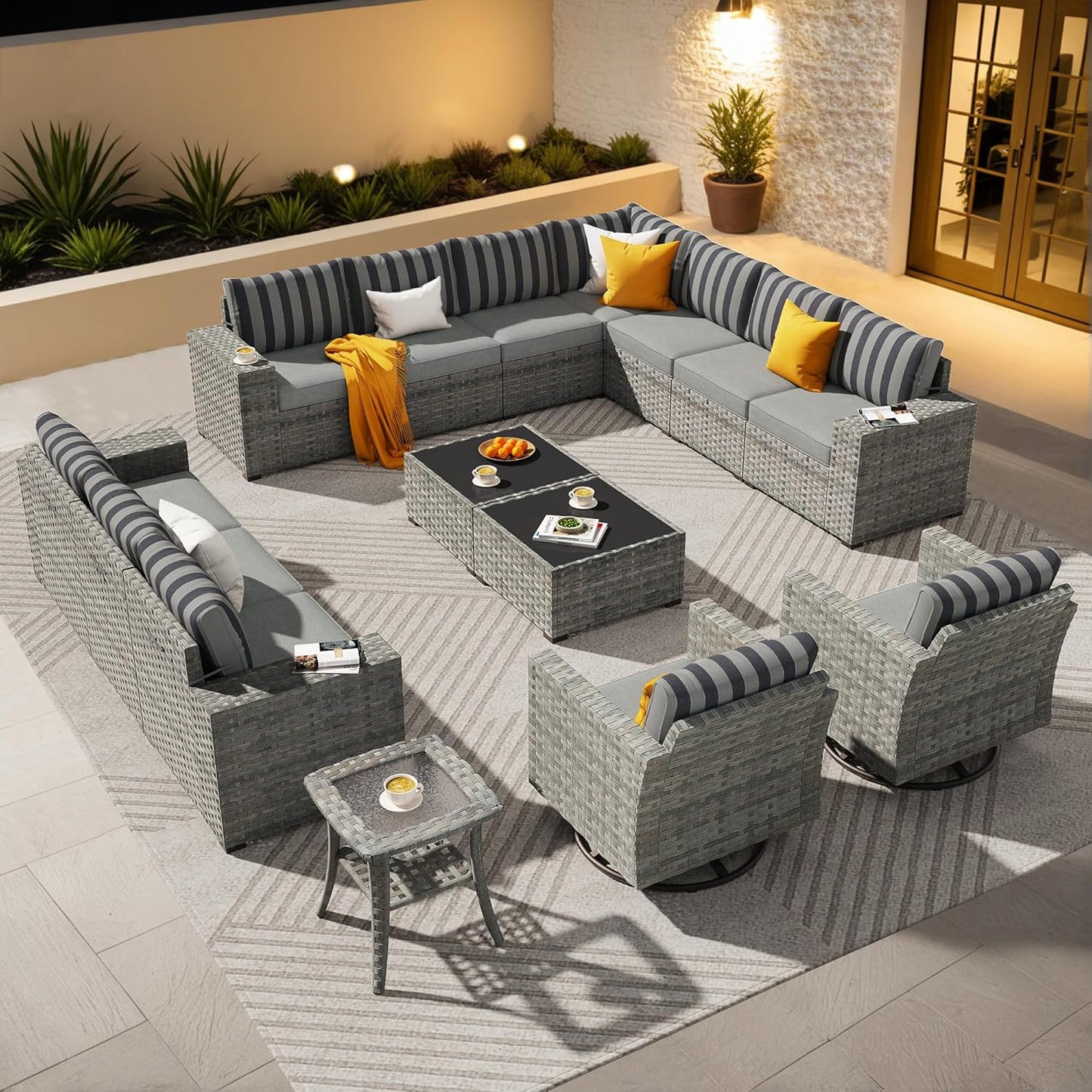 ovios 16 Pieces Patio Furniture Set, Outdoor Wicker Sectional Sofa with 54" Fire Pit Table Swivel Chairs, Modern Modular Deep Seat Rattan Couch Conversation Sets, Beige