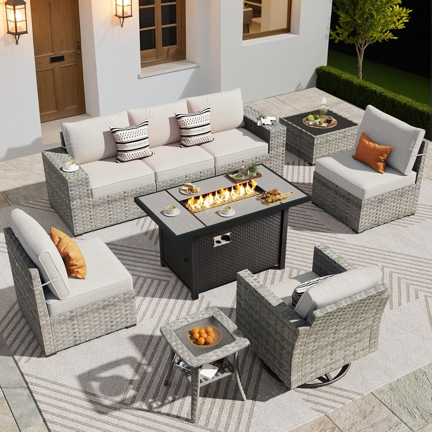 ovios 16 Pieces Patio Furniture Set, Outdoor Wicker Sectional Sofa with 54" Fire Pit Table Swivel Chairs, Modern Modular Deep Seat Rattan Couch Conversation Sets, Beige