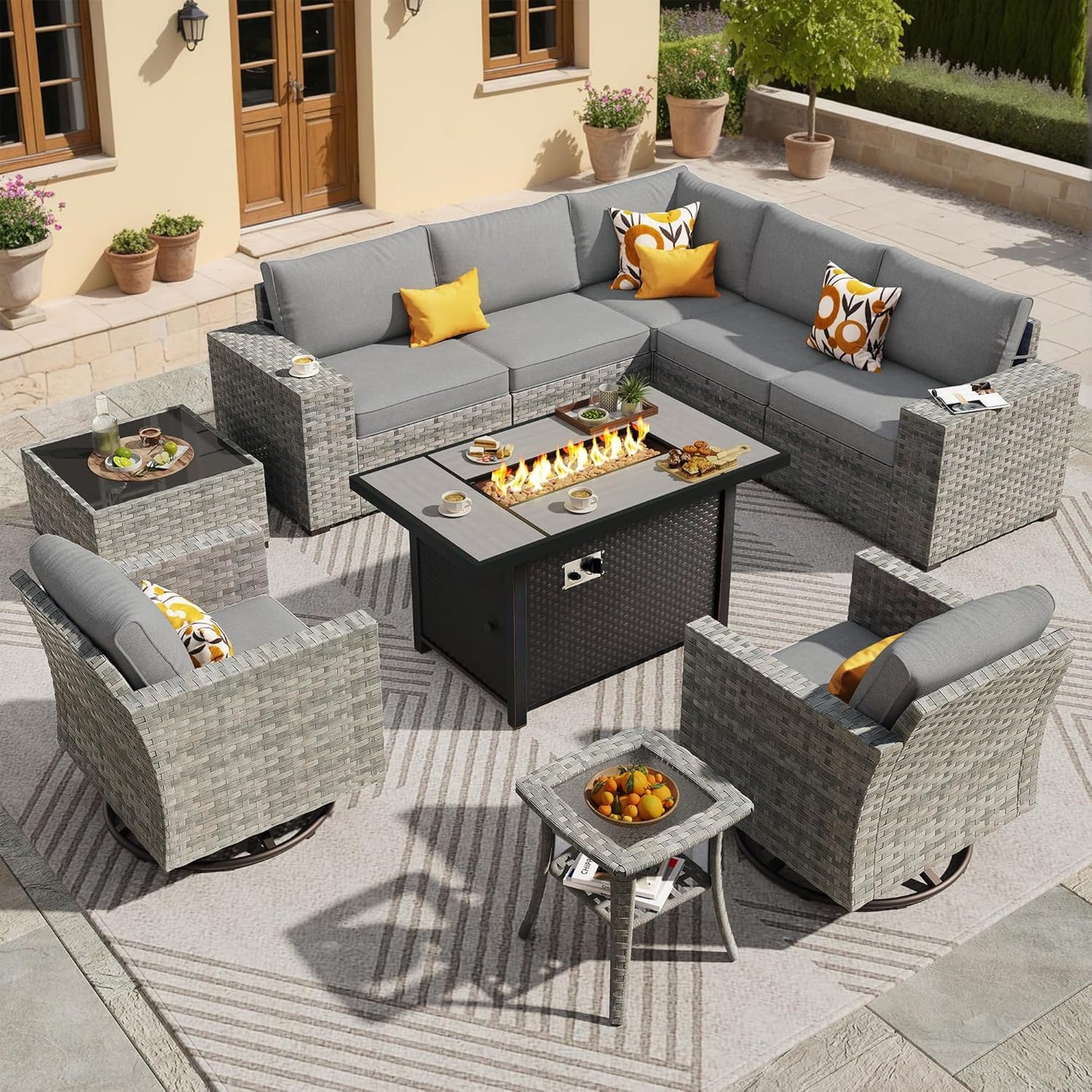 ovios 16 Pieces Patio Furniture Set, Outdoor Wicker Sectional Sofa with 54" Fire Pit Table Swivel Chairs, Modern Modular Deep Seat Rattan Couch Conversation Sets, Beige