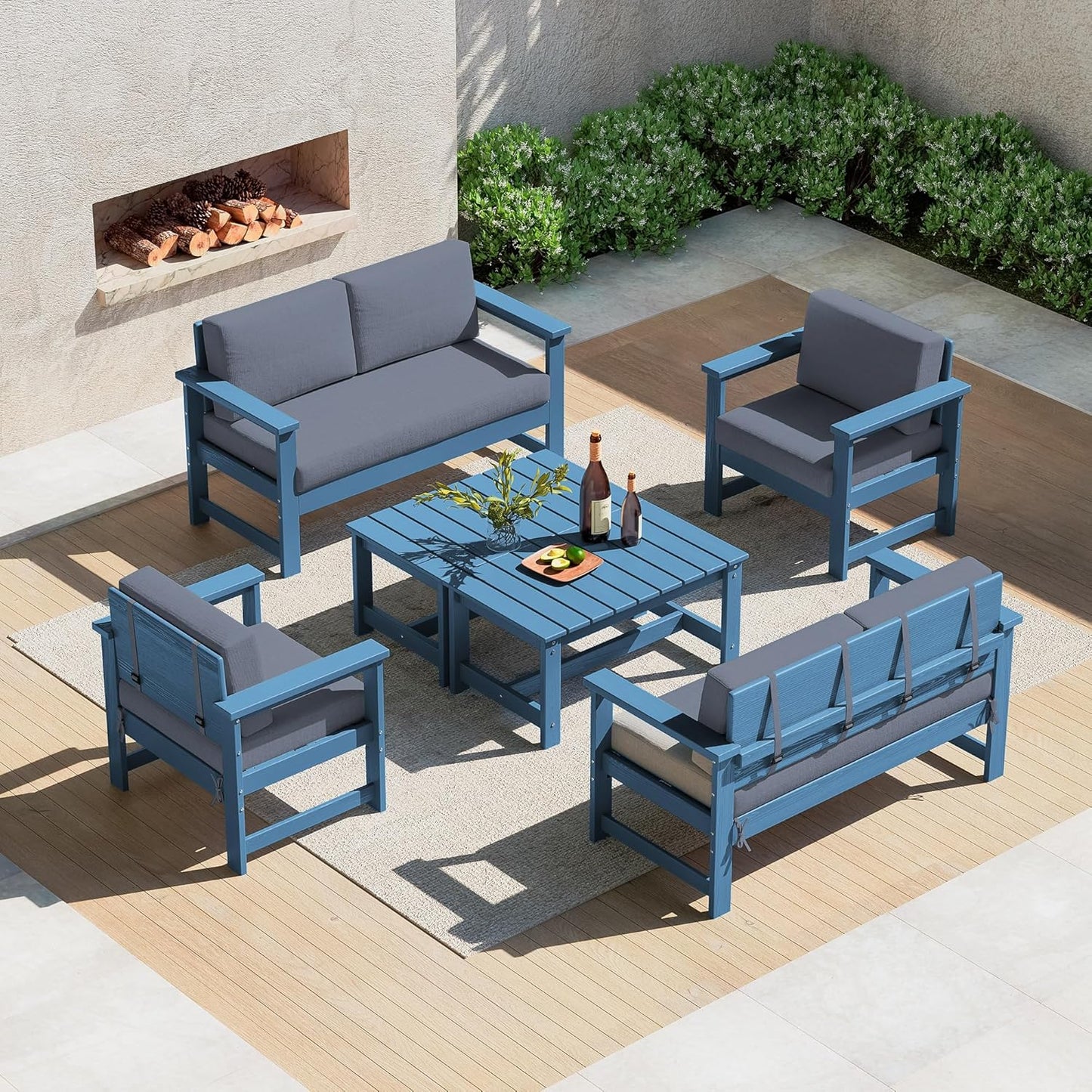 SERWALL 8 Pieces HDPE Outdoor Conversation Sofa Set with Cushions, All Weather Use Patio Couch Loveseat Furniture with Side Table for Balcony, Deck, Poolside, Black Frame with Khaki Cushions
