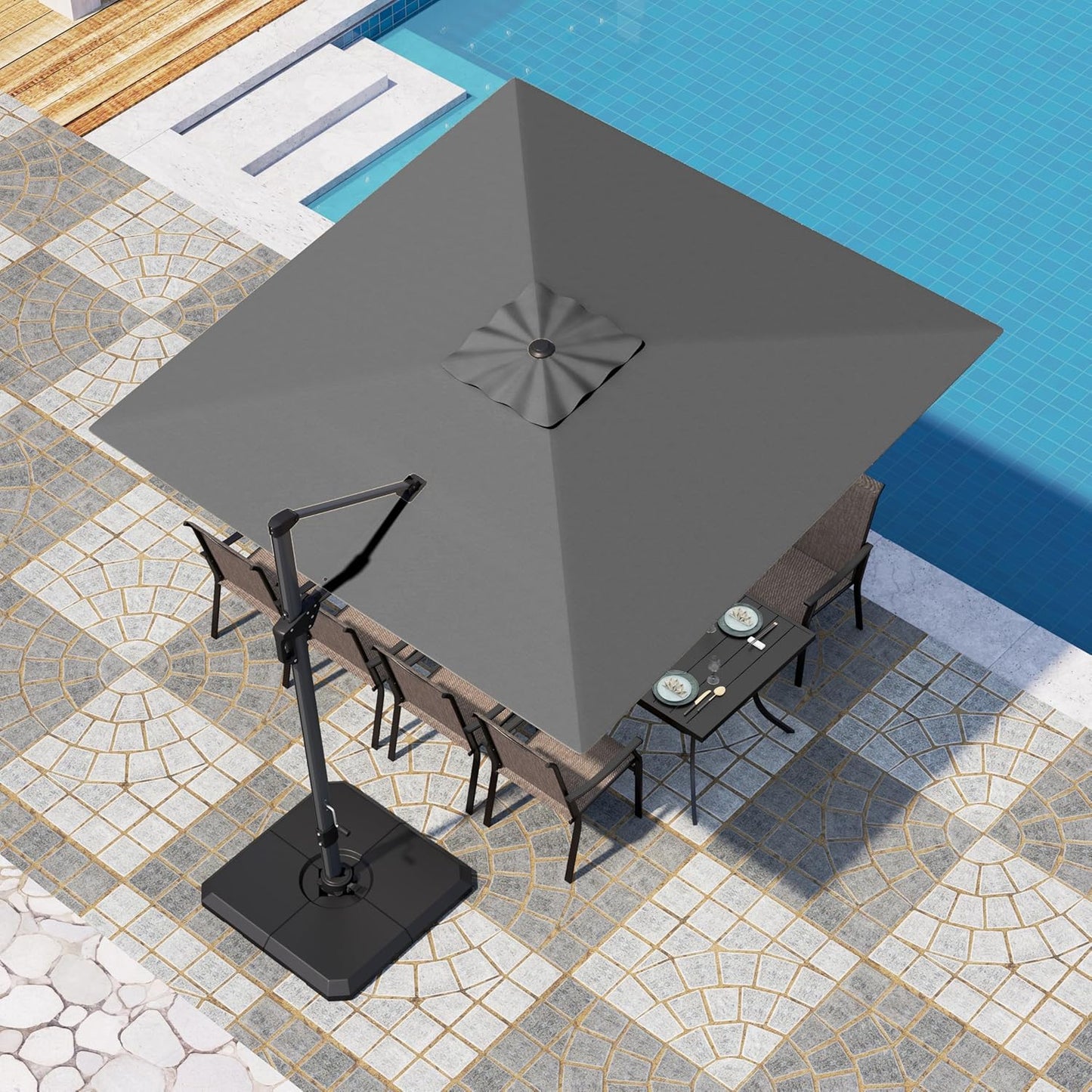 PHI VILLA 10ft Patio Cantilever Umbrella With Base, 360° Rotation & Infinite Tilt Aluminum Square Double Top Outdoor Offset Umbrella, Heavy Duty for Garden Poolside Backyard, Beige