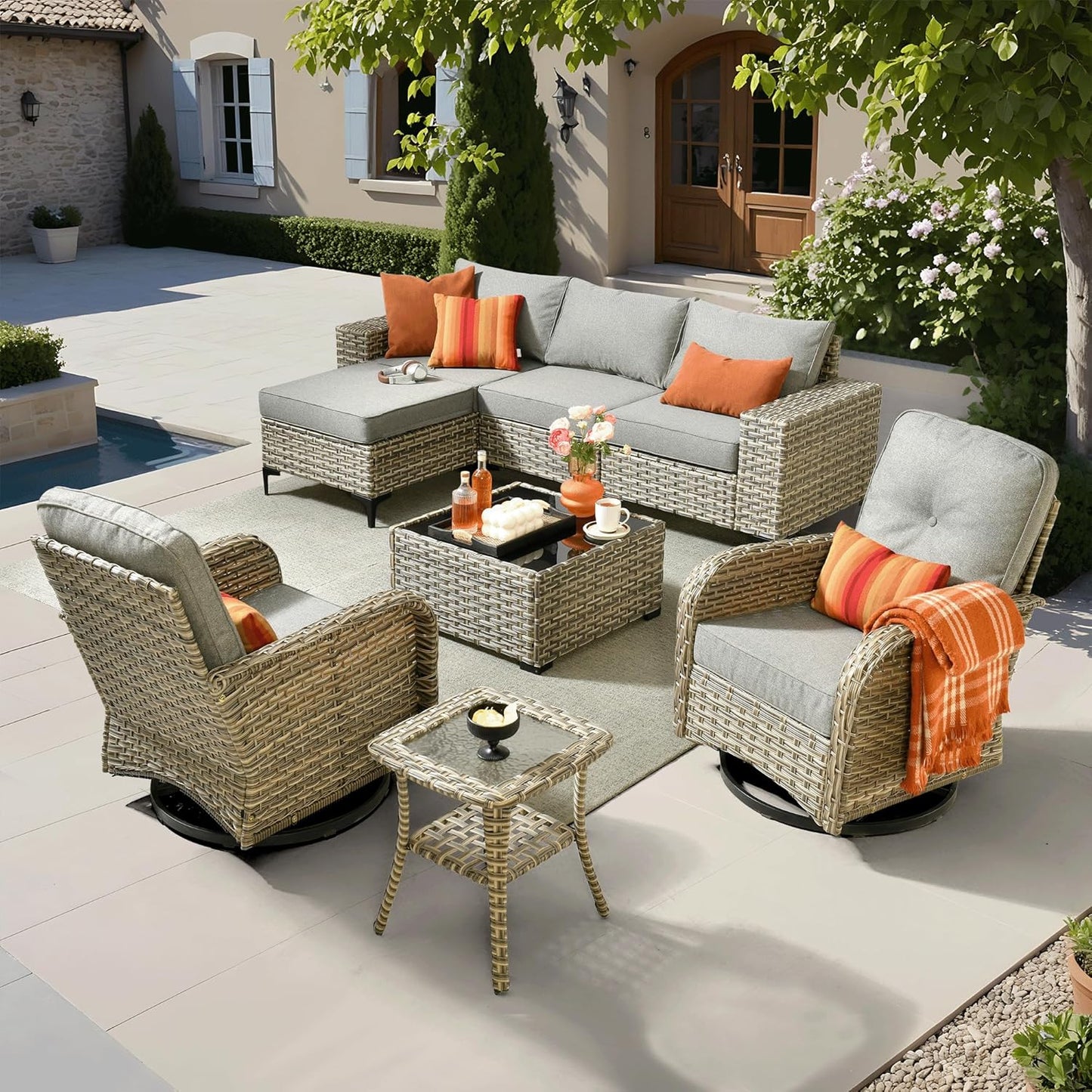 ovios 9 Pieces Patio Furniture Set Outdoor Sectional Sofa Couch with Fire Pit Table Rocking Swivel Chairs Deep Seat Chaise, Modern Modular Wicker Rattan Conversation Set, Black