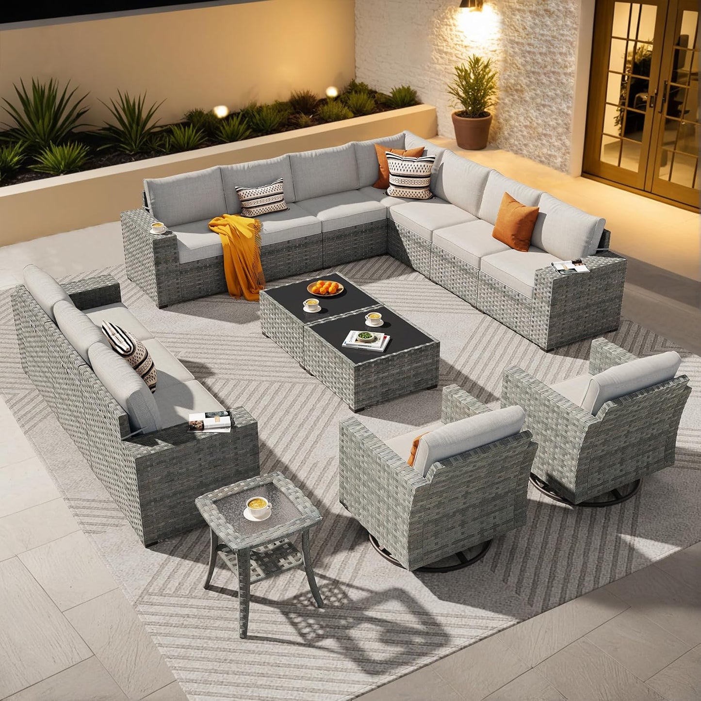 ovios 16 Pieces Patio Furniture Set, Outdoor Wicker Sectional Sofa with 54" Fire Pit Table Swivel Chairs, Modern Modular Deep Seat Rattan Couch Conversation Sets, Beige