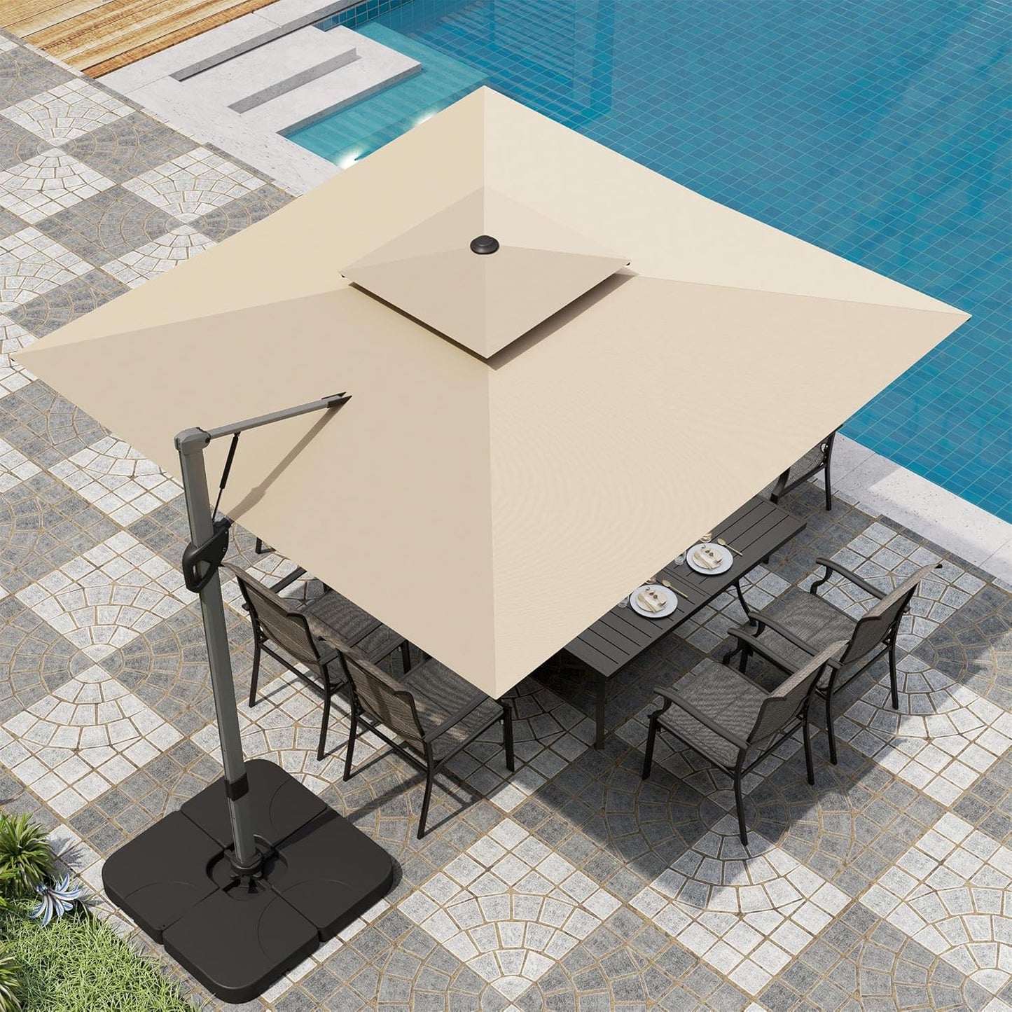 PHI VILLA 10ft Patio Cantilever Umbrella With Base, 360° Rotation & Infinite Tilt Aluminum Square Double Top Outdoor Offset Umbrella, Heavy Duty for Garden Poolside Backyard, Beige