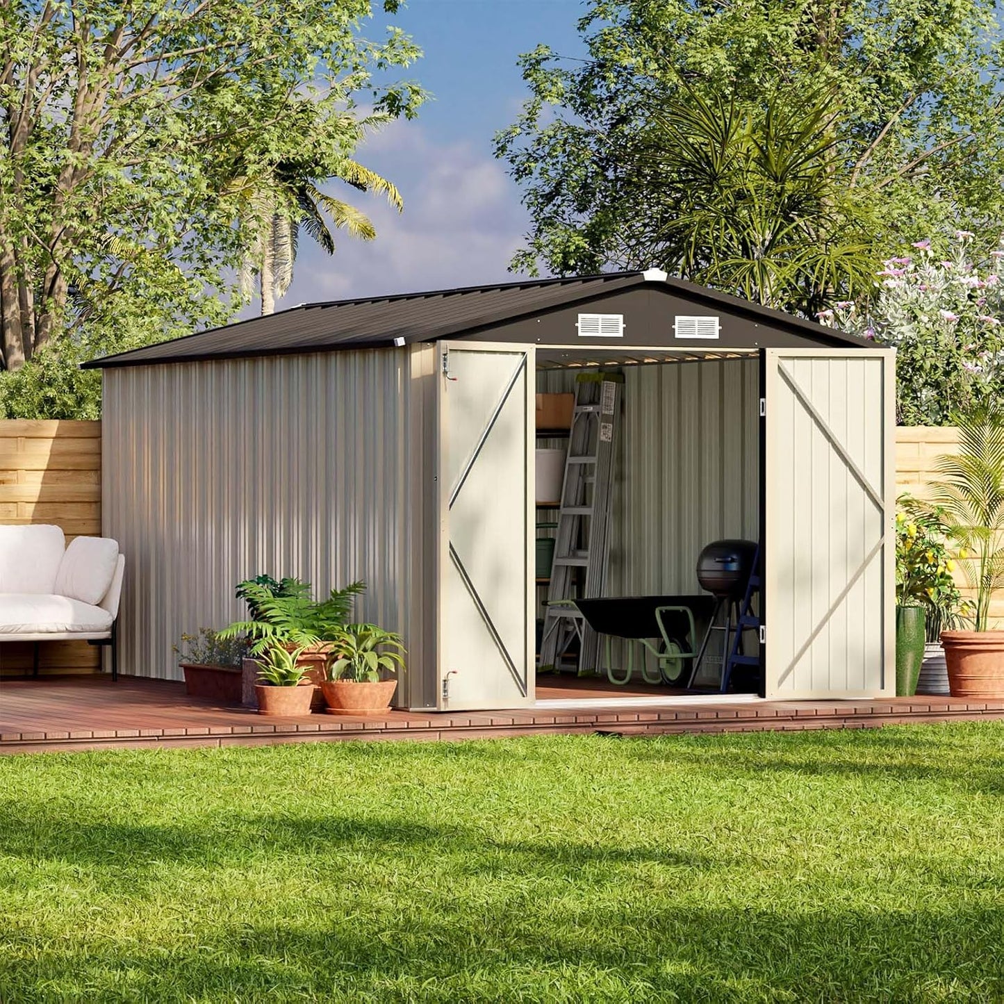 Patiowell 5x3 FT Outdoor Storage Shed, Tool Shed with Sloping Roof and Lockable Door, Metal Shed for Backyard Garden Patio Lawn, Brown