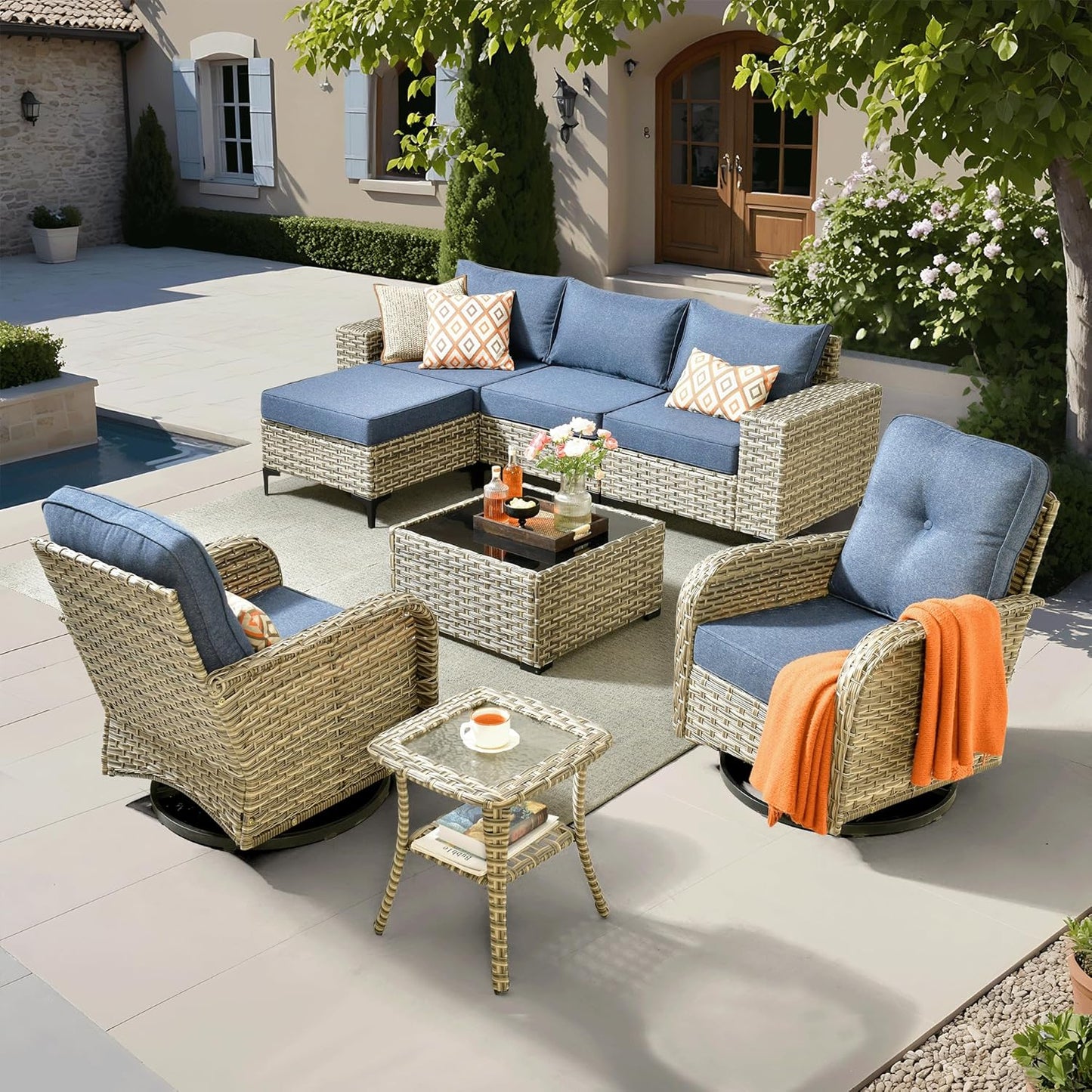 ovios 9 Pieces Patio Furniture Set Outdoor Sectional Sofa Couch with Fire Pit Table Rocking Swivel Chairs Deep Seat Chaise, Modern Modular Wicker Rattan Conversation Set, Black