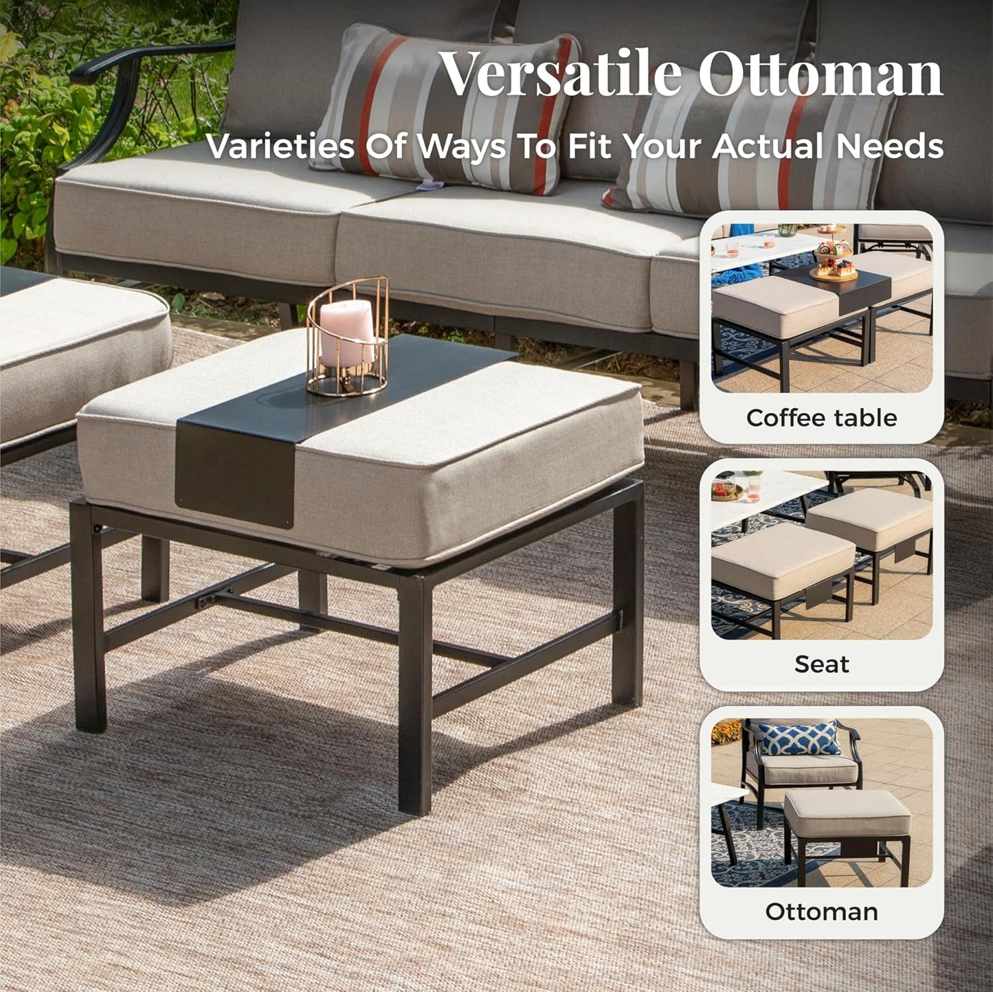 Patio Furniture Set 7 pcs, Outdoor Patio Furniture, 3-Seat Sofa, 2 Single Chairs, 2 Rocking Chairs, 2 Ottomans and 5.75" Extra Thick Cushion, Patio Conversation Set for Backyard Deck,Beige