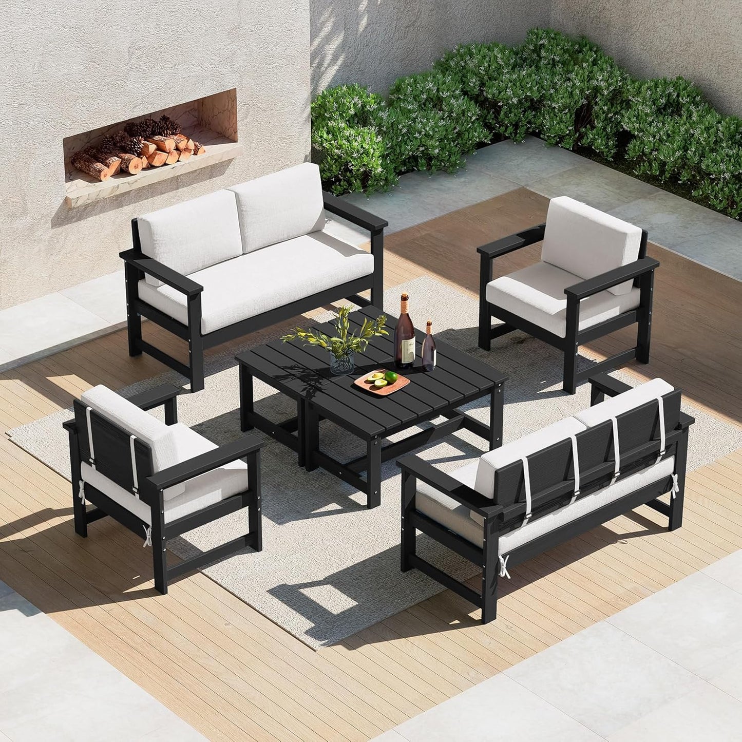 SERWALL 8 Pieces HDPE Outdoor Conversation Sofa Set with Cushions, All Weather Use Patio Couch Loveseat Furniture with Side Table for Balcony, Deck, Poolside, Black Frame with Khaki Cushions