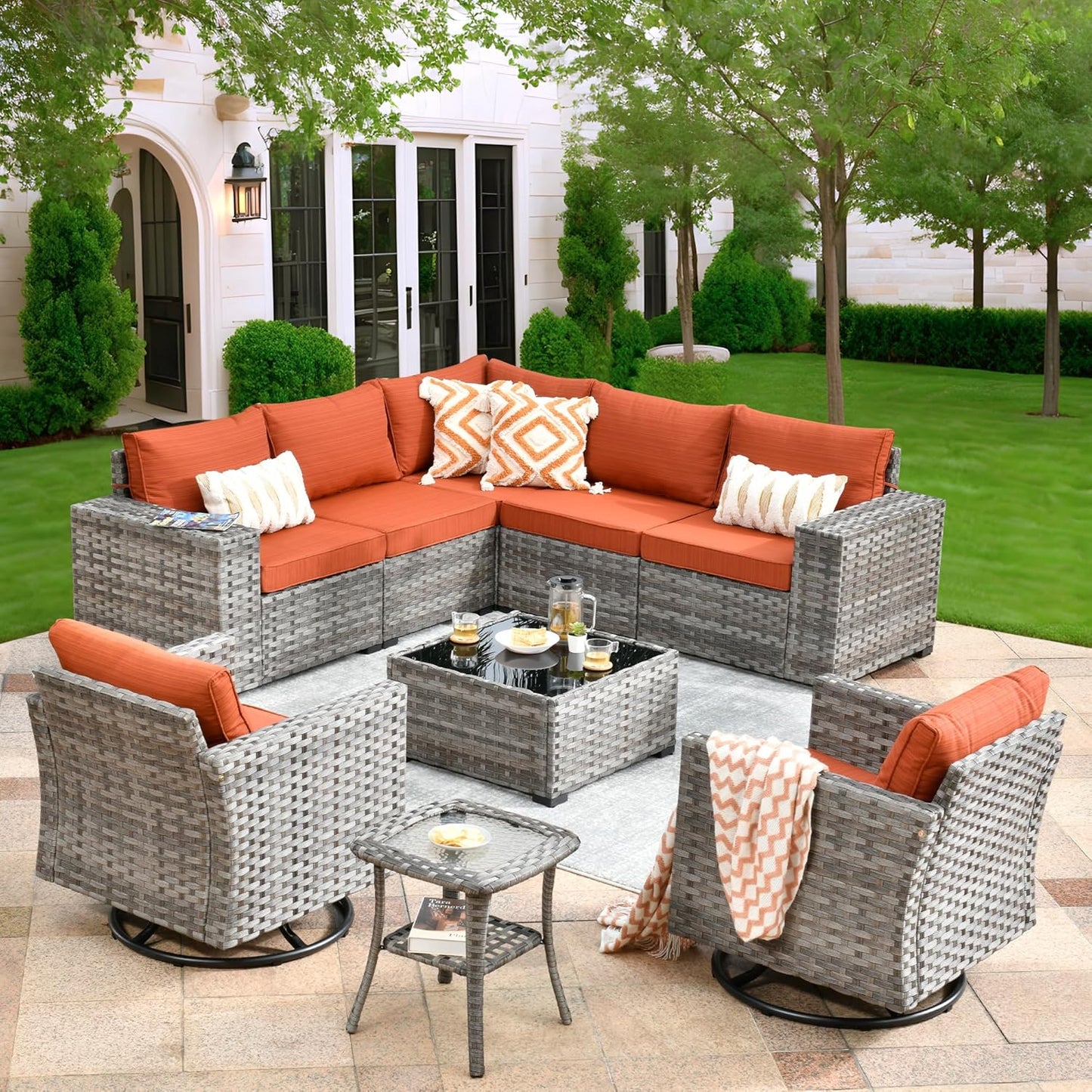 ovios 16 Pieces Patio Furniture Set, Outdoor Wicker Sectional Sofa with 54" Fire Pit Table Swivel Chairs, Modern Modular Deep Seat Rattan Couch Conversation Sets, Beige