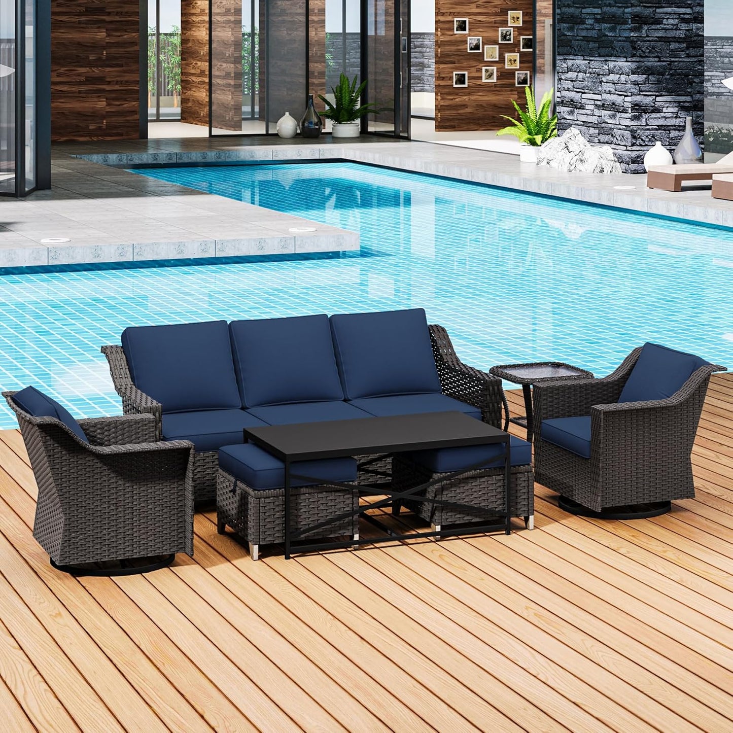 77'' Patio Sofa, All Weather Outdoor Rattan Wicker 3-Seat Sofa High Back Couch with Premium Cushions for Garden Backyard Porch(Brown/Navy)