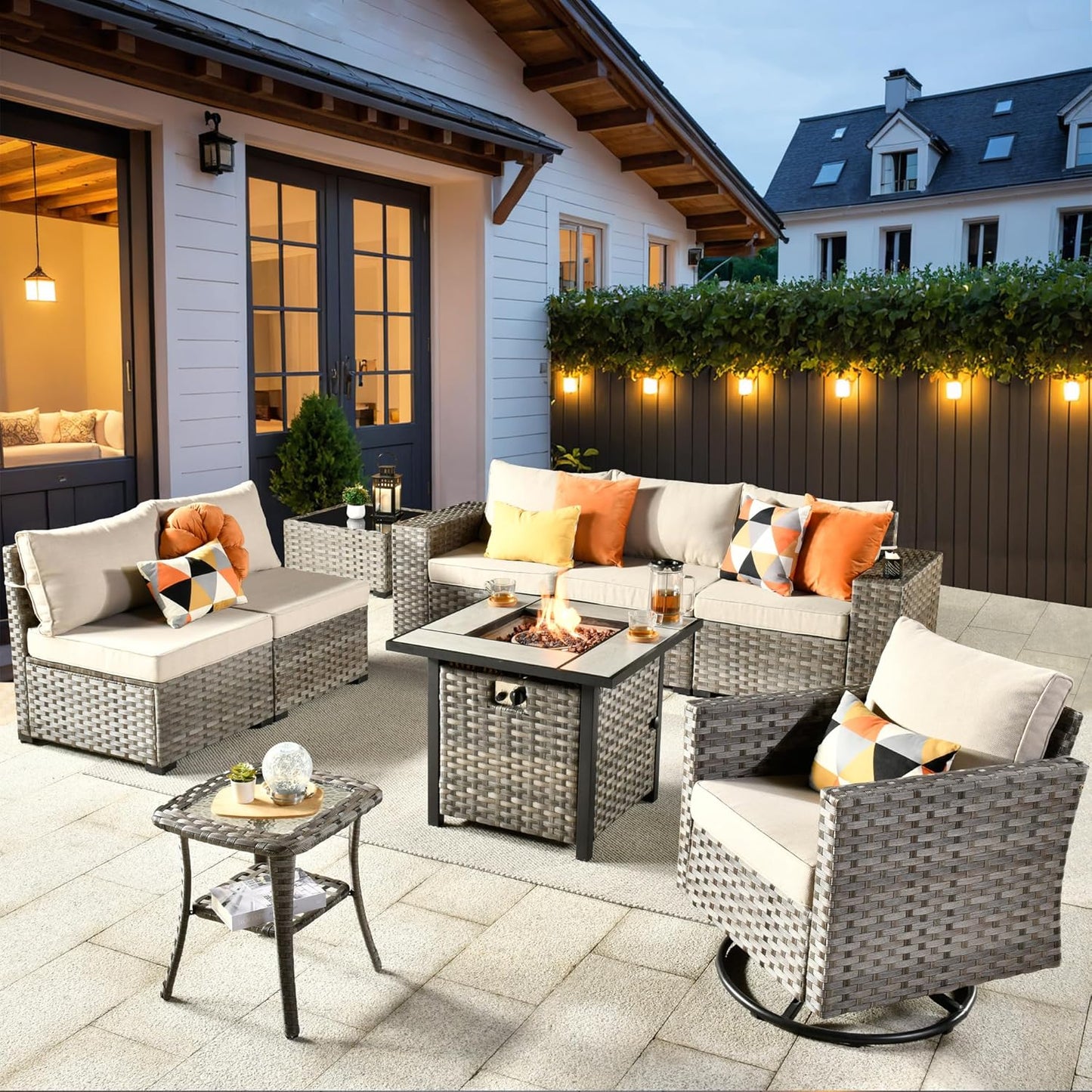 ovios 16 Pieces Patio Furniture Set, Outdoor Wicker Sectional Sofa with 54" Fire Pit Table Swivel Chairs, Modern Modular Deep Seat Rattan Couch Conversation Sets, Beige