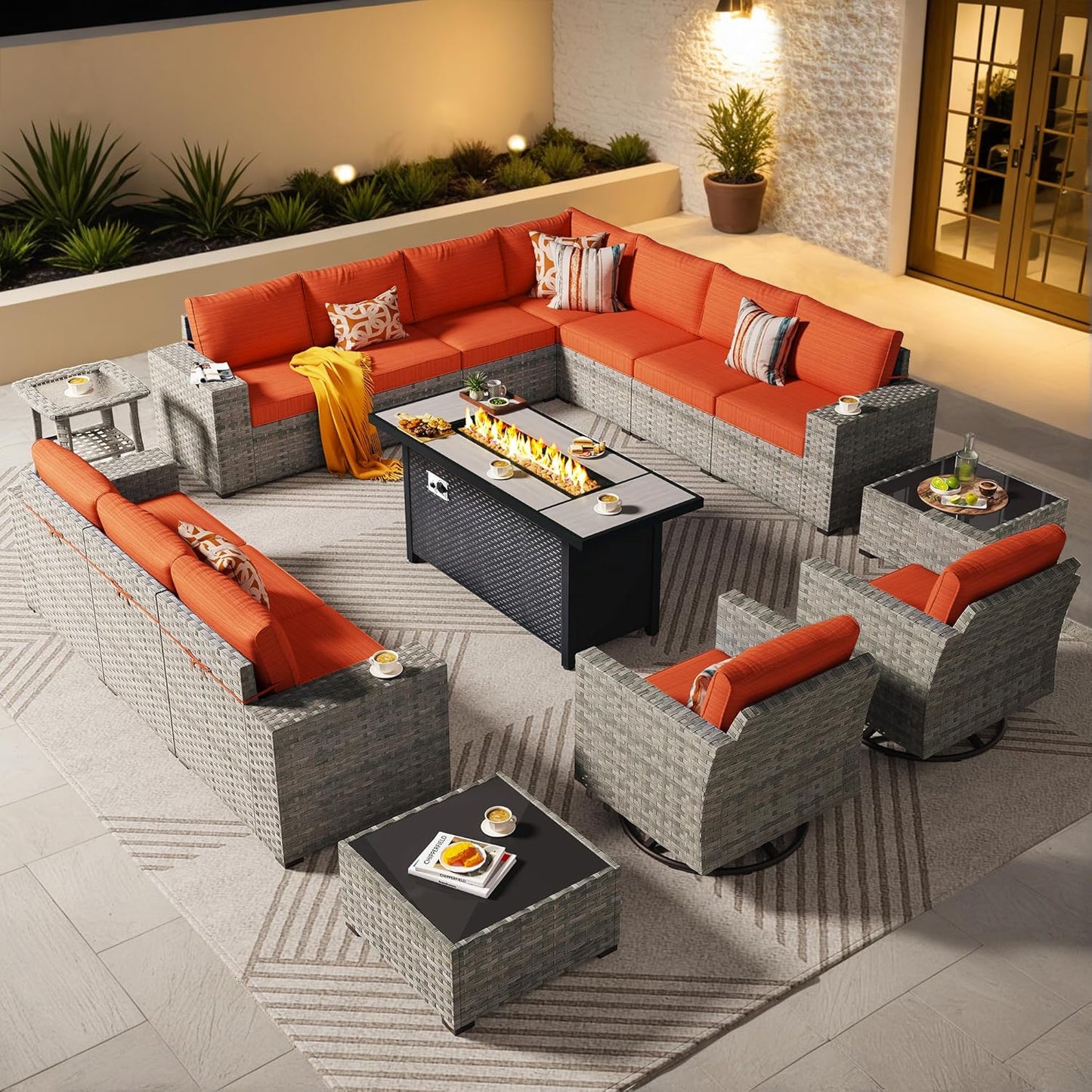 ovios 16 Pieces Patio Furniture Set, Outdoor Wicker Sectional Sofa with 54" Fire Pit Table Swivel Chairs, Modern Modular Deep Seat Rattan Couch Conversation Sets, Beige