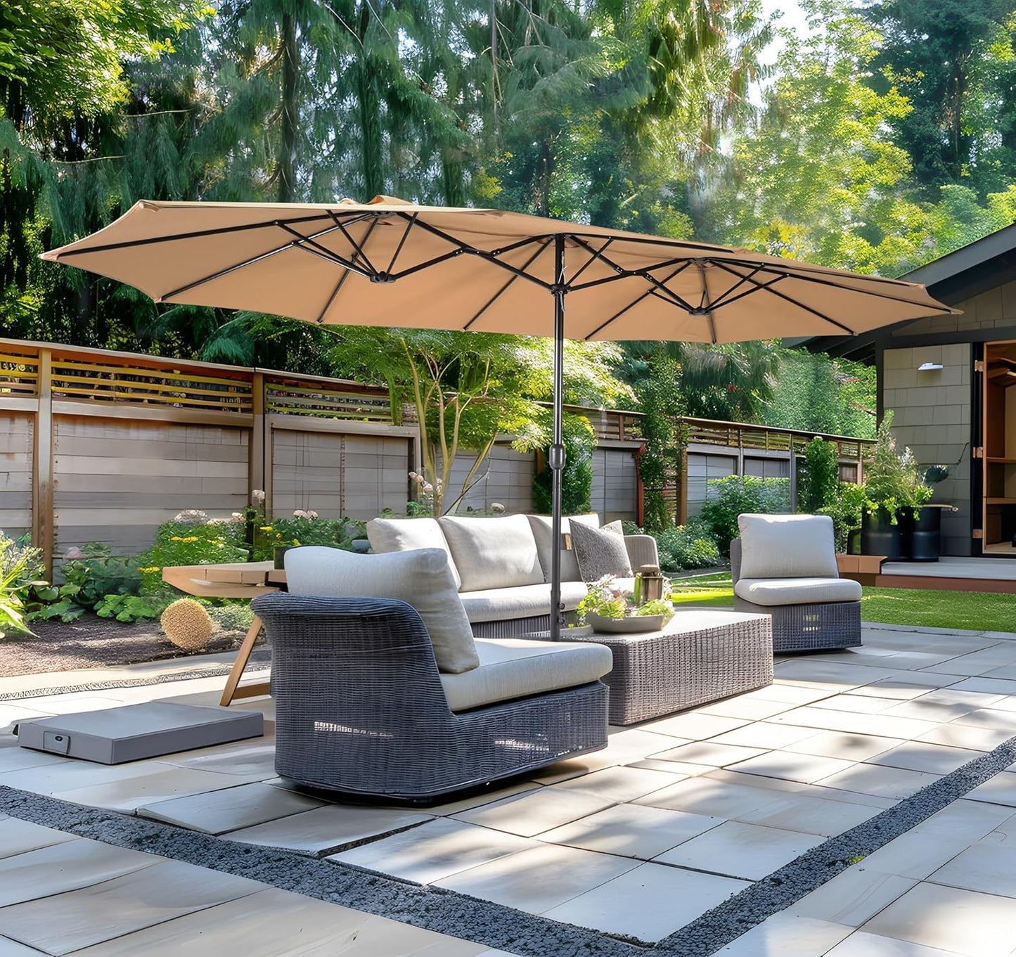 Bigroof 15ft x 9ft Patio Double-Sided Umbrella with Base & Crank, Extra Large Rectangular Outdoor Umbrella for Patio, Lawn & Garden, Beige