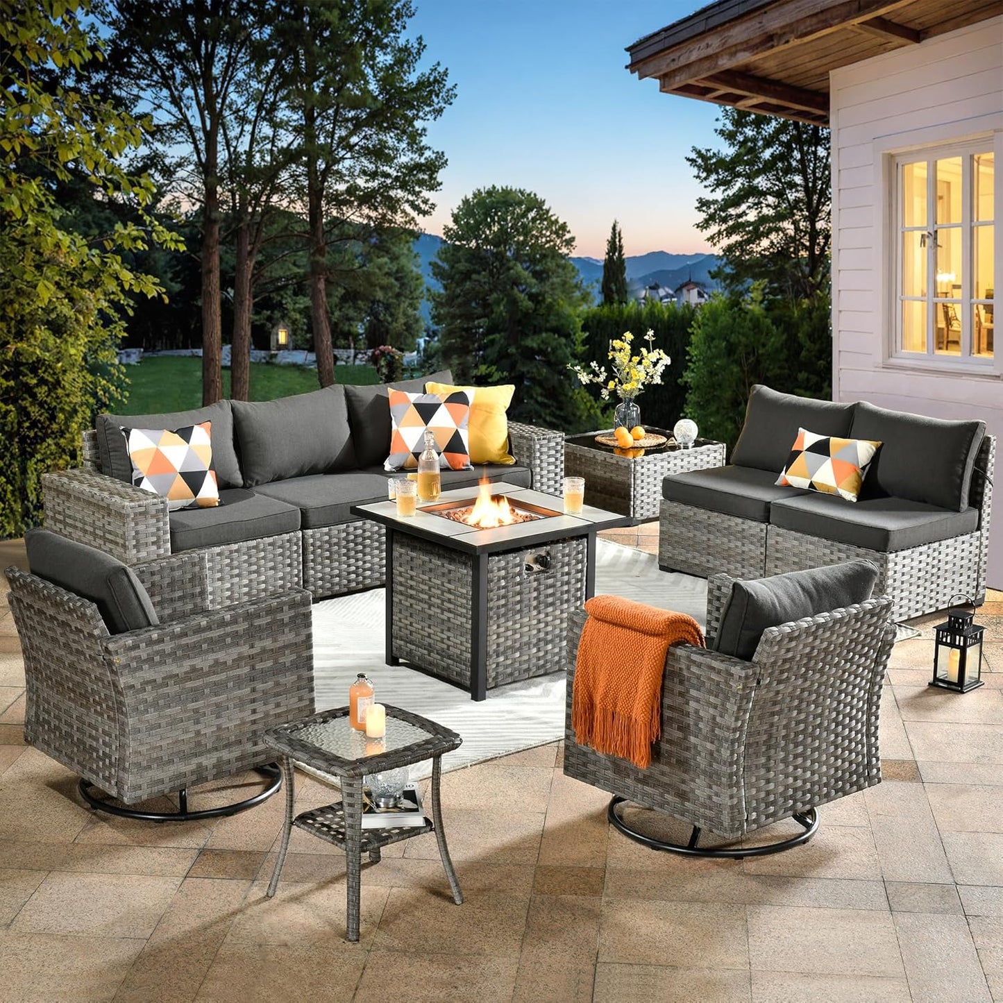 ovios 16 Pieces Patio Furniture Set, Outdoor Wicker Sectional Sofa with 54" Fire Pit Table Swivel Chairs, Modern Modular Deep Seat Rattan Couch Conversation Sets, Beige