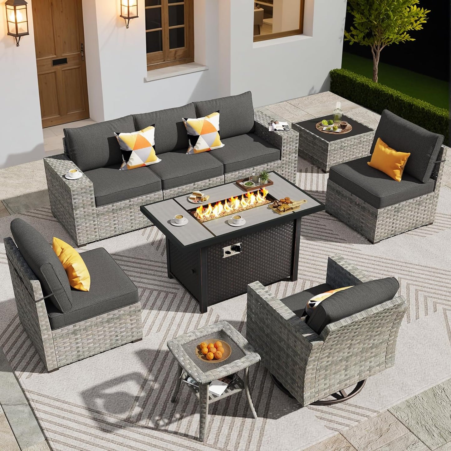 ovios 16 Pieces Patio Furniture Set, Outdoor Wicker Sectional Sofa with 54" Fire Pit Table Swivel Chairs, Modern Modular Deep Seat Rattan Couch Conversation Sets, Beige
