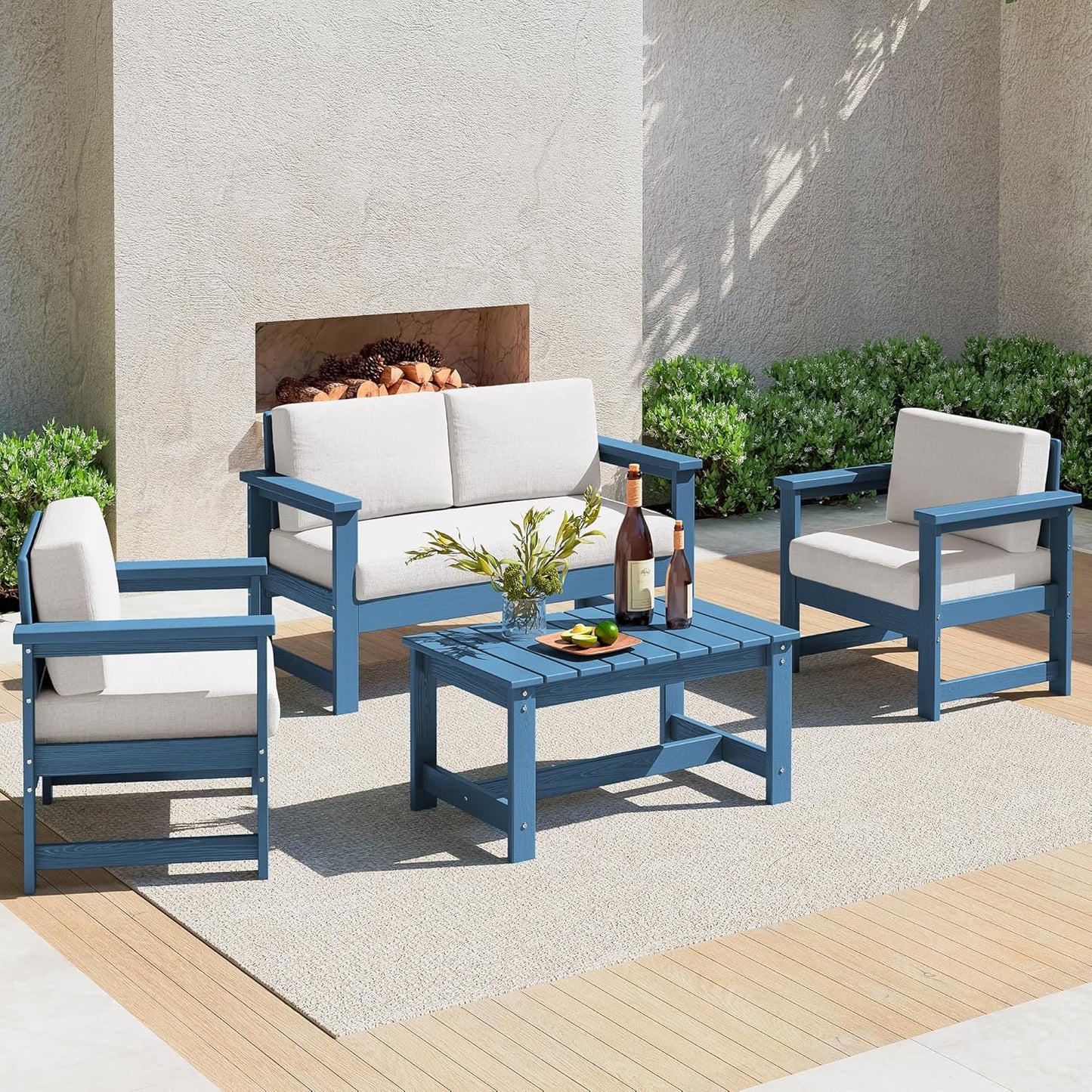 SERWALL 8 Pieces HDPE Outdoor Conversation Sofa Set with Cushions, All Weather Use Patio Couch Loveseat Furniture with Side Table for Balcony, Deck, Poolside, Black Frame with Khaki Cushions