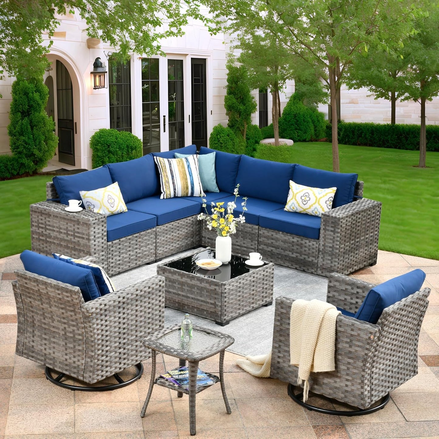 ovios 16 Pieces Patio Furniture Set, Outdoor Wicker Sectional Sofa with 54" Fire Pit Table Swivel Chairs, Modern Modular Deep Seat Rattan Couch Conversation Sets, Beige