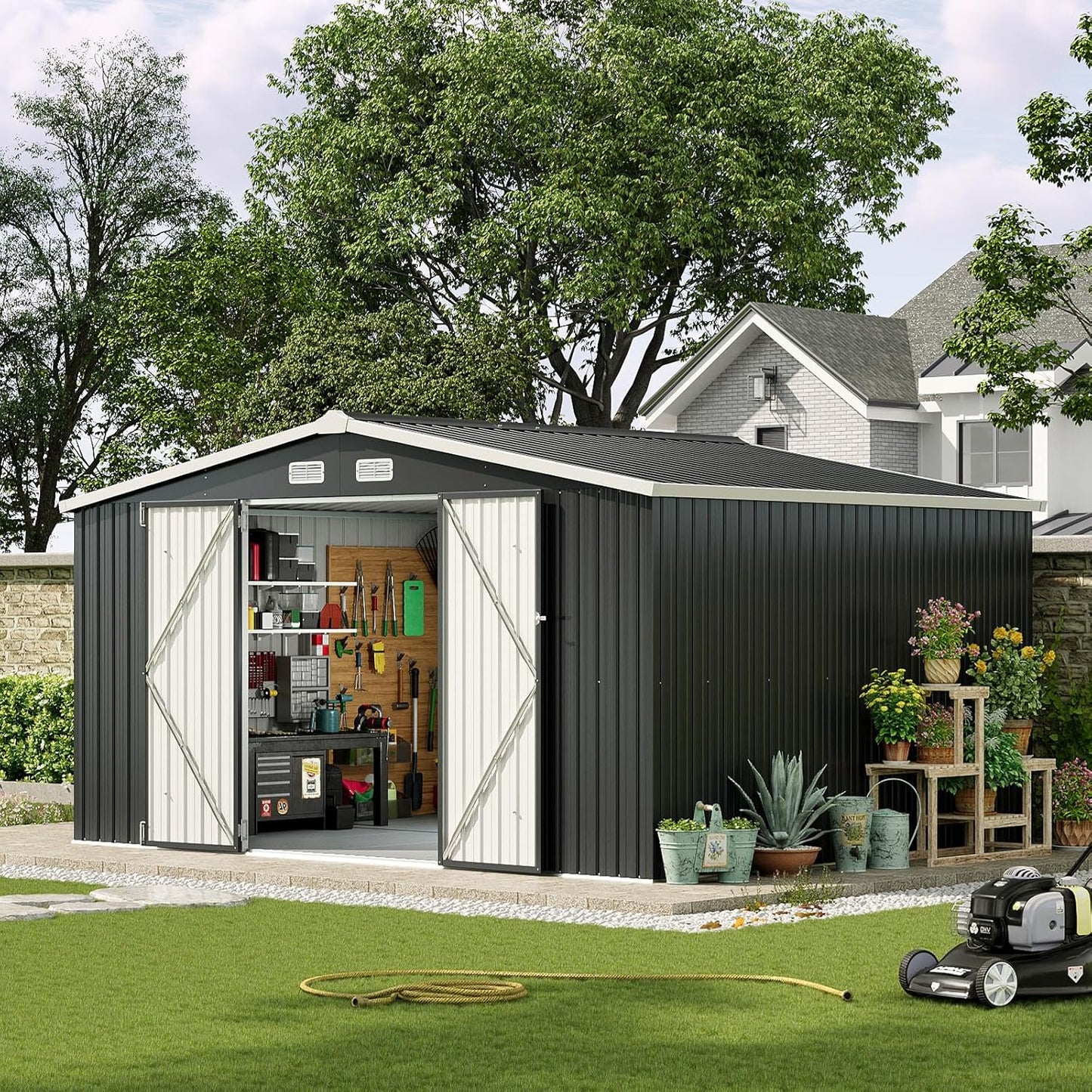 Aoxun 10 x 12FT Outdoor Storage Shed with Double Hinged Large Door Utility Garden Shed with Lockable Door & Sloped Roof Metal Sheds Outdoor Storage for Garden, Backyard, Patio and Backyard, Brown