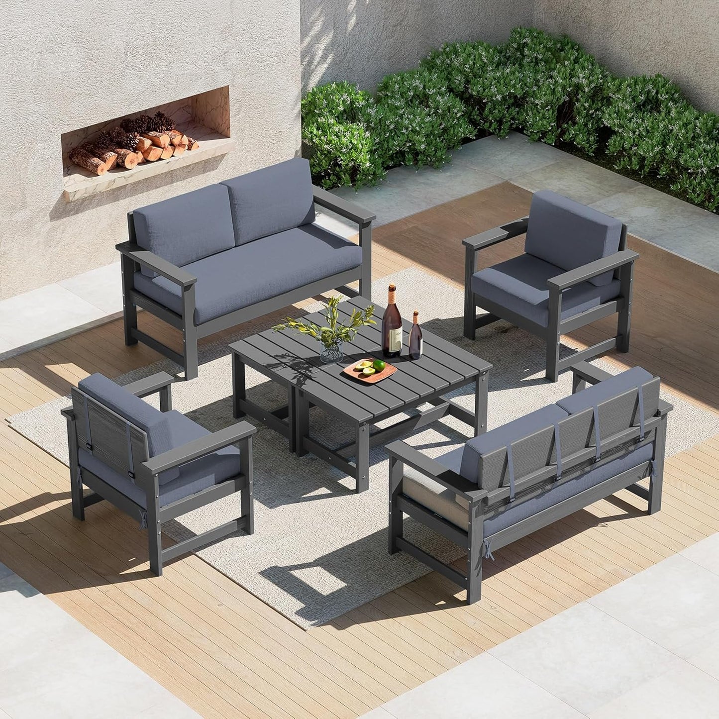 SERWALL 8 Pieces HDPE Outdoor Conversation Sofa Set with Cushions, All Weather Use Patio Couch Loveseat Furniture with Side Table for Balcony, Deck, Poolside, Black Frame with Khaki Cushions
