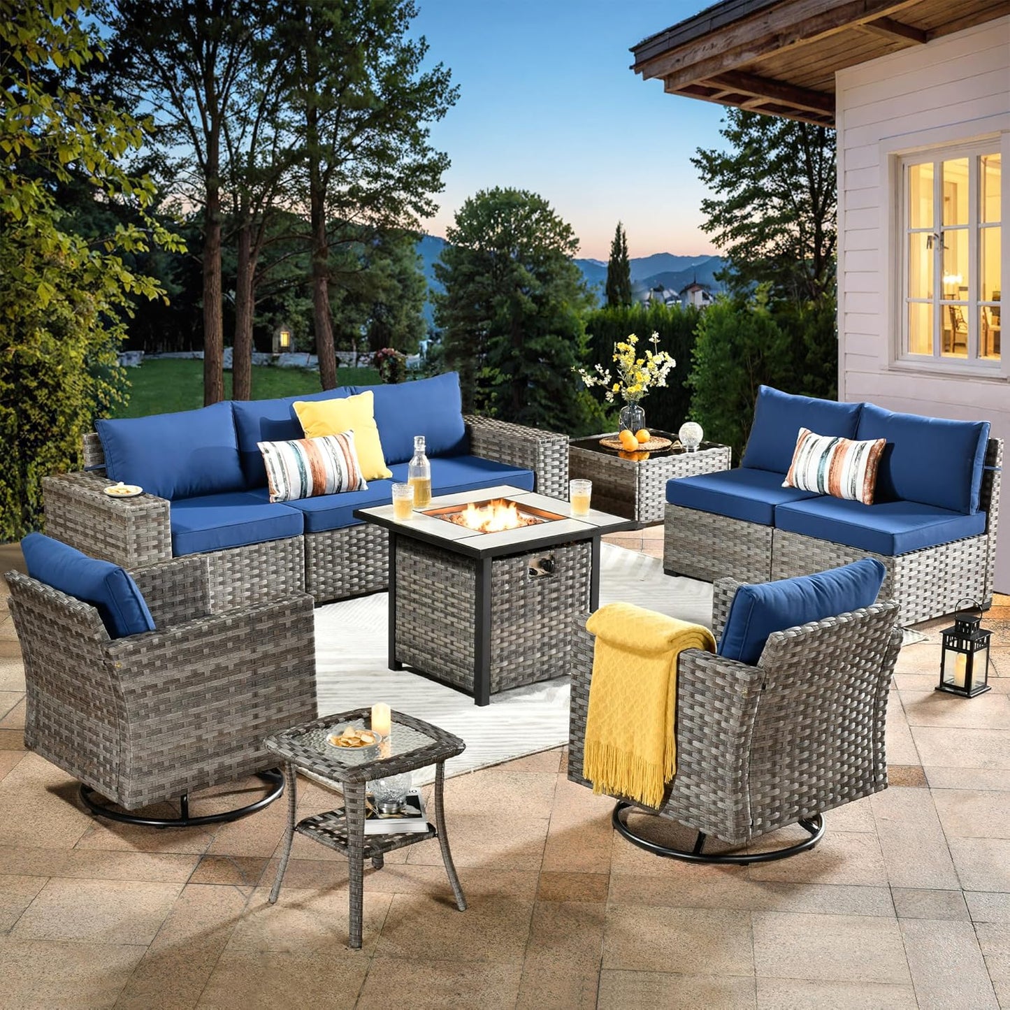 ovios 16 Pieces Patio Furniture Set, Outdoor Wicker Sectional Sofa with 54" Fire Pit Table Swivel Chairs, Modern Modular Deep Seat Rattan Couch Conversation Sets, Beige