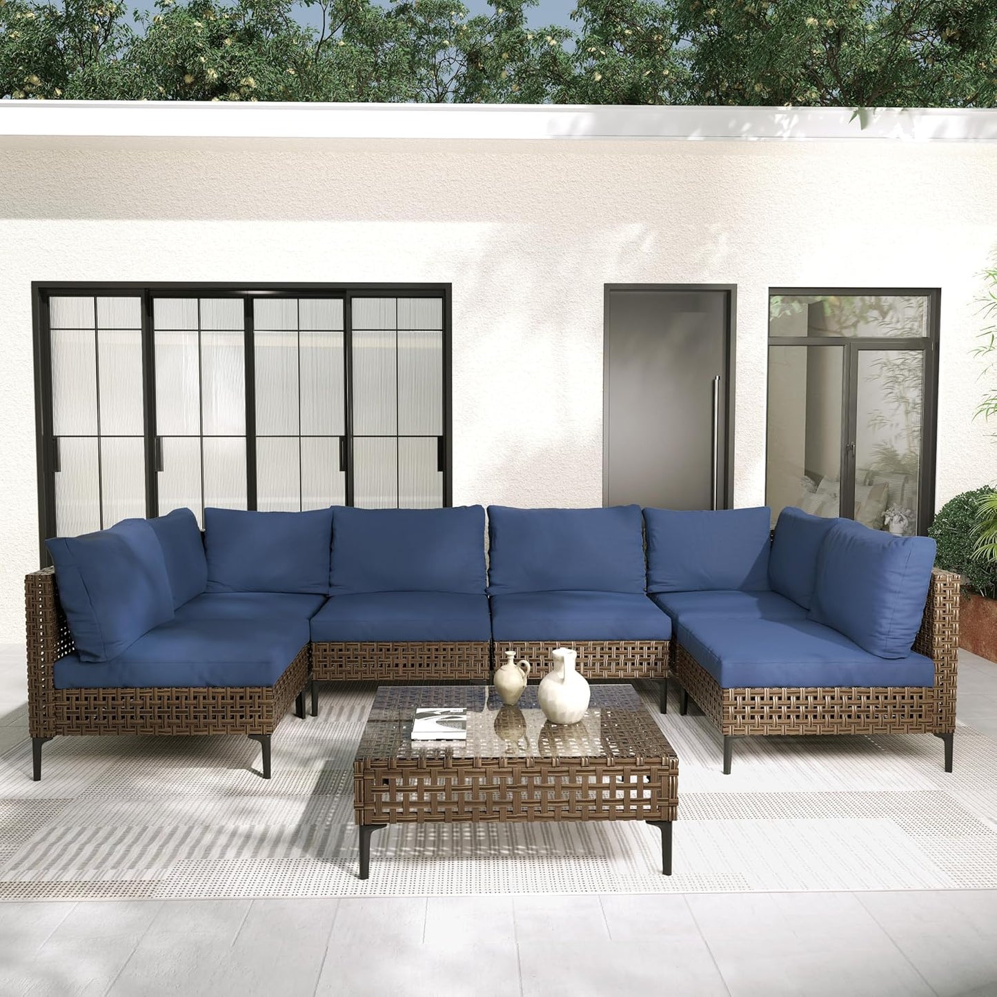 Grand patio 7-Piece Wicker Patio Furniture Set, Boho Outdoor Conversation Set Sectional Sofa with Water Resistant Thick Cushions and Coffee Table, Cream