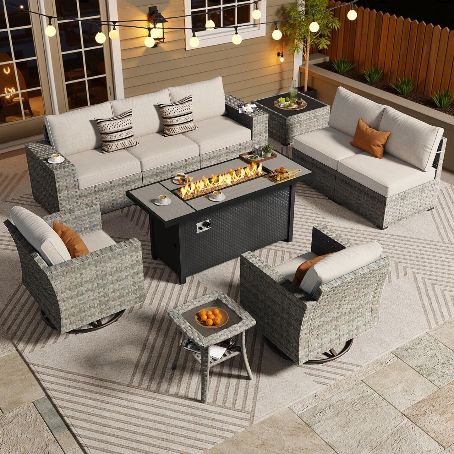 ovios 16 Pieces Patio Furniture Set, Outdoor Wicker Sectional Sofa with 54" Fire Pit Table Swivel Chairs, Modern Modular Deep Seat Rattan Couch Conversation Sets, Beige
