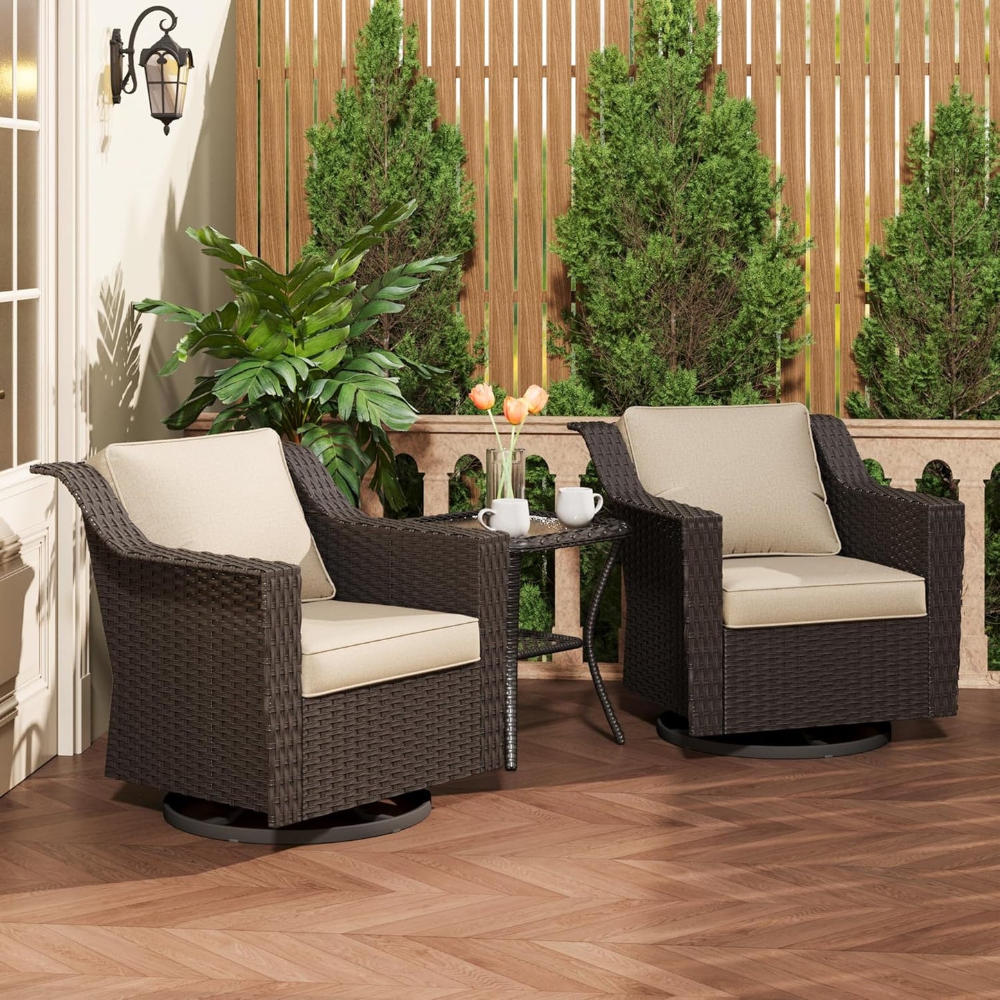 77'' Patio Sofa, All Weather Outdoor Rattan Wicker 3-Seat Sofa High Back Couch with Premium Cushions for Garden Backyard Porch(Brown/Navy)