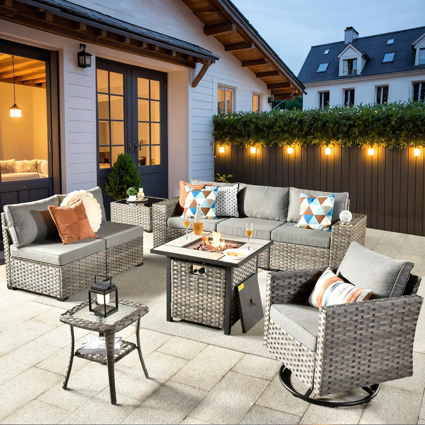 ovios 16 Pieces Patio Furniture Set, Outdoor Wicker Sectional Sofa with 54" Fire Pit Table Swivel Chairs, Modern Modular Deep Seat Rattan Couch Conversation Sets, Beige